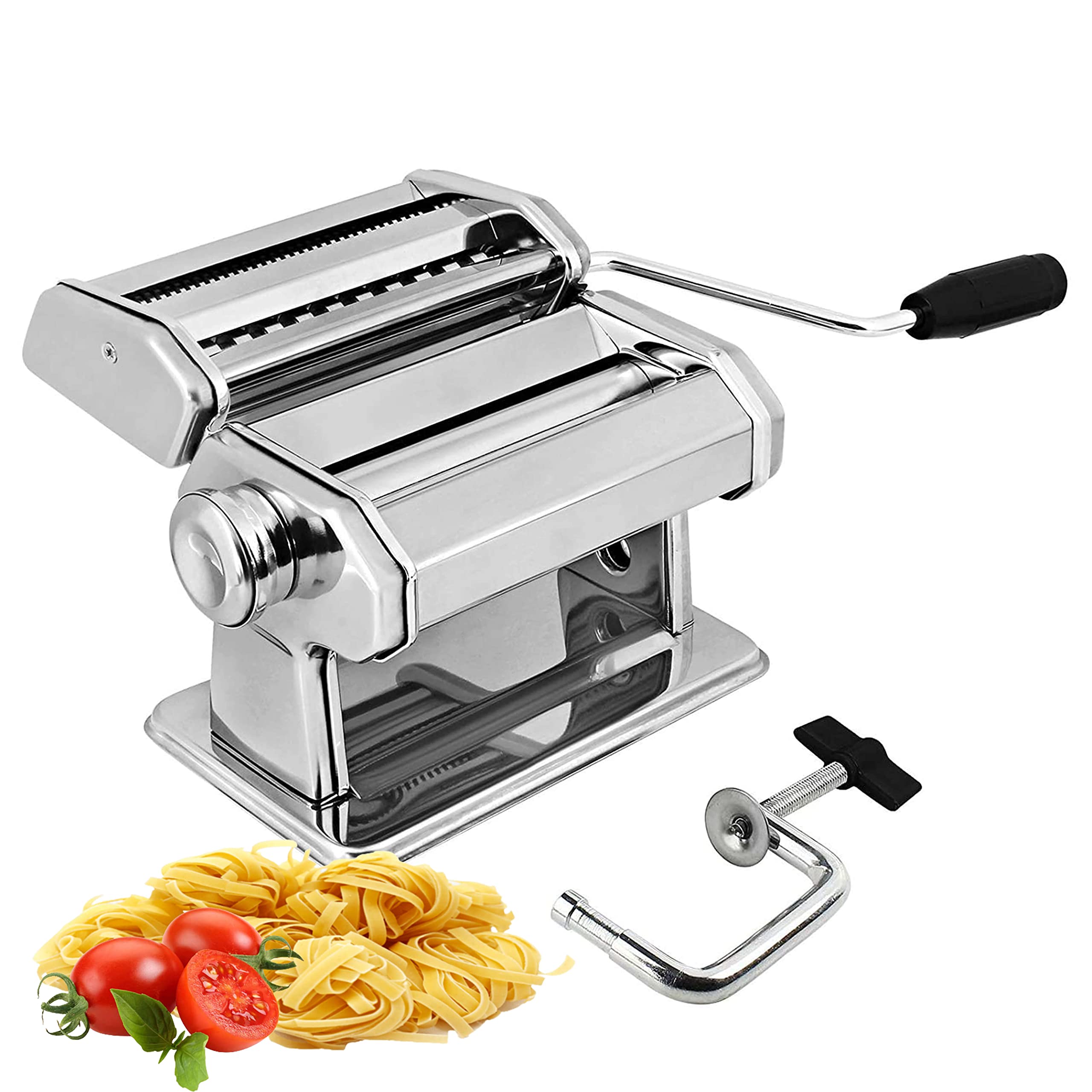 Premium Stainless Steel Pasta Maker Machine - Adjustable Thickness for Homemade Spaghetti, Fettuccine, Lasagna | Heavy Duty Manual Pasta Roller with Detachable Handle & Clamp | Perfect for Italian Cooking, Restaurant Quality Pasta at Home (Silver)