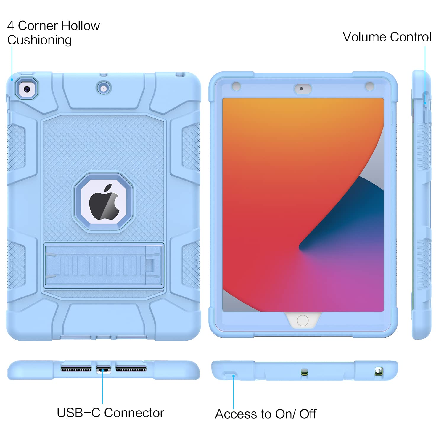 Shockproof Rugged Protective Case for iPad 10.2 Inch (9th/8th/7th Generation 2021/2020/2019 Model) - Slim Heavy Duty Cover with Anti-Slip Grip - Perfect for Work, Travel & Outdoor Activities - Sky Blue