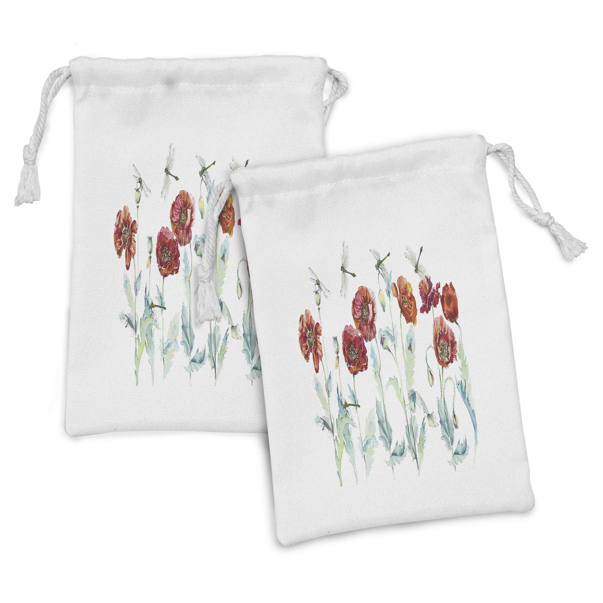 Ambesonne 2-Pack Floral Insect Fabric Pouches - Hand-Painted Watercolor Poppies & Leaves Drawstring Bags (9