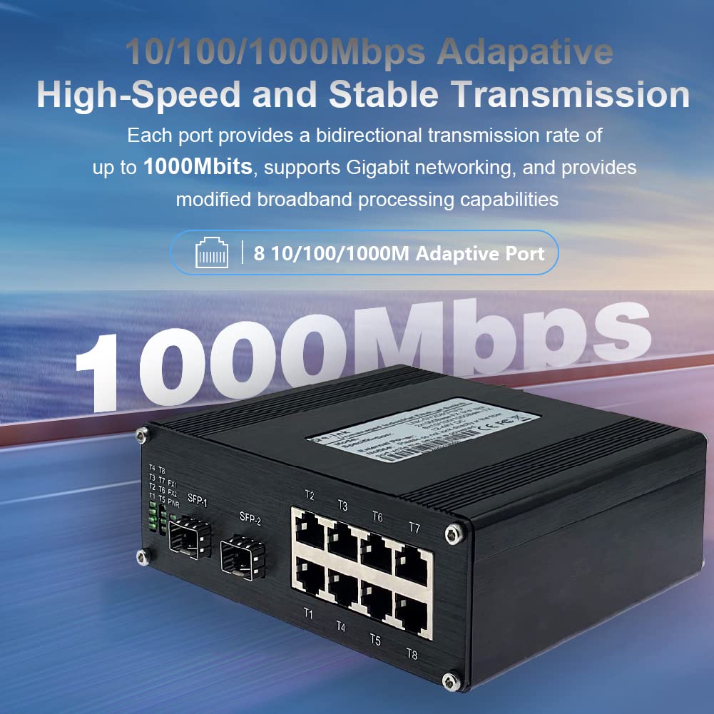 Industrial 8 Port Gigabit Ethernet POE+ Switch | DIN Rail Mount | Unmanaged 10/100/1000Mbps | 2 SFP Slots | Rugged Network Solution for Factory Automation & IP Surveillance Systems