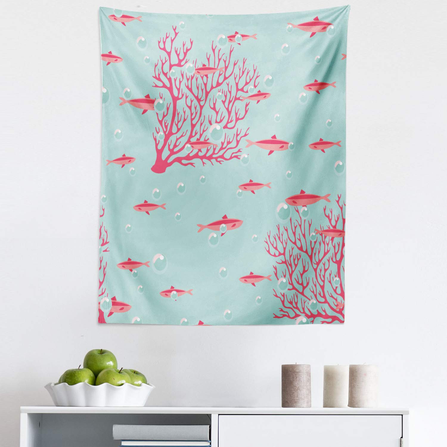 Ambesonne Coral Tapestry King Size - Aquatic Ocean Theme with Fish & Coral Reef Design, Blue Water Bubble Wall Hanging for Bedroom Decor, Bedspread or Living Room Cover, 23x28 Inches, Dark Coral & Pale Blue - Perfect for Beach House, Nursery or Boho Style Home Decor