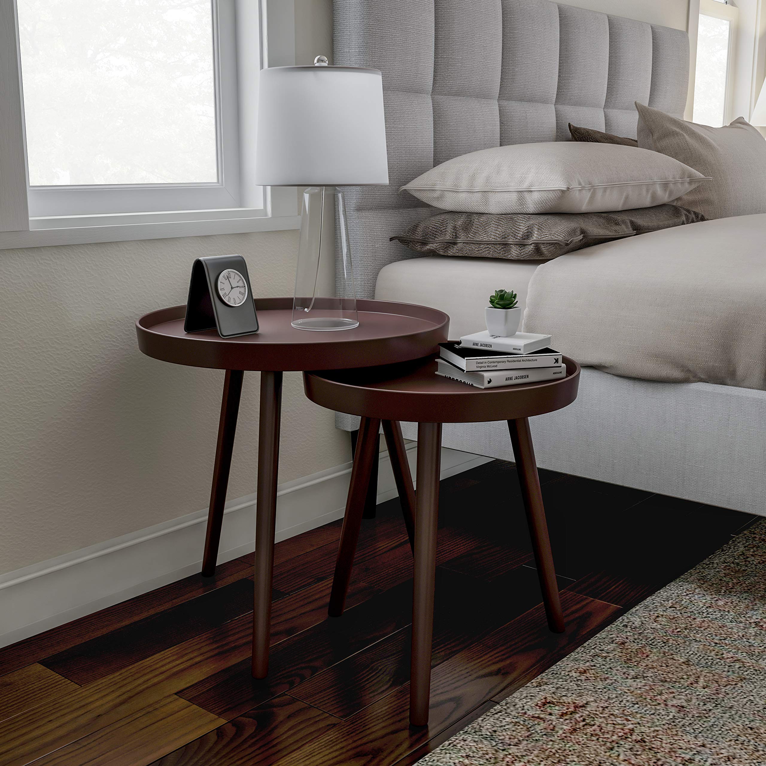 Lavish Home Nesting Side Tables - Set of 2 Round End Tables for Living Room, Bedroom, or Home Office - Mid-Century Modern Accent Table Set with Tray Tops - Brown Wood Nightstands - Perfect for Small Spaces, Coffee Table Alternatives & Stylish Home Decor