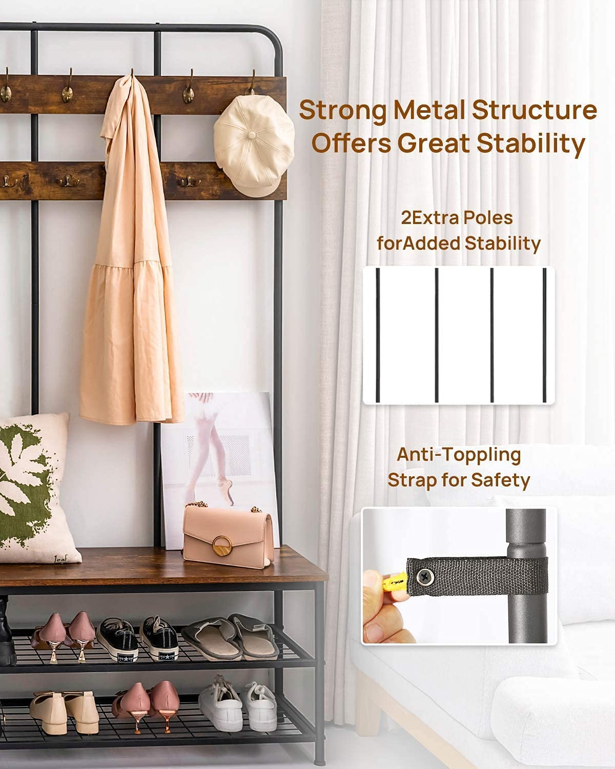 QCen 72 Inch Industrial Hall Tree Entryway Bench with Coat Rack & Shoe Storage - Wood Look Accent Furniture with 12 Hooks & Metal Frame - Perfect for Mudroom, Foyer & Small Space Organization