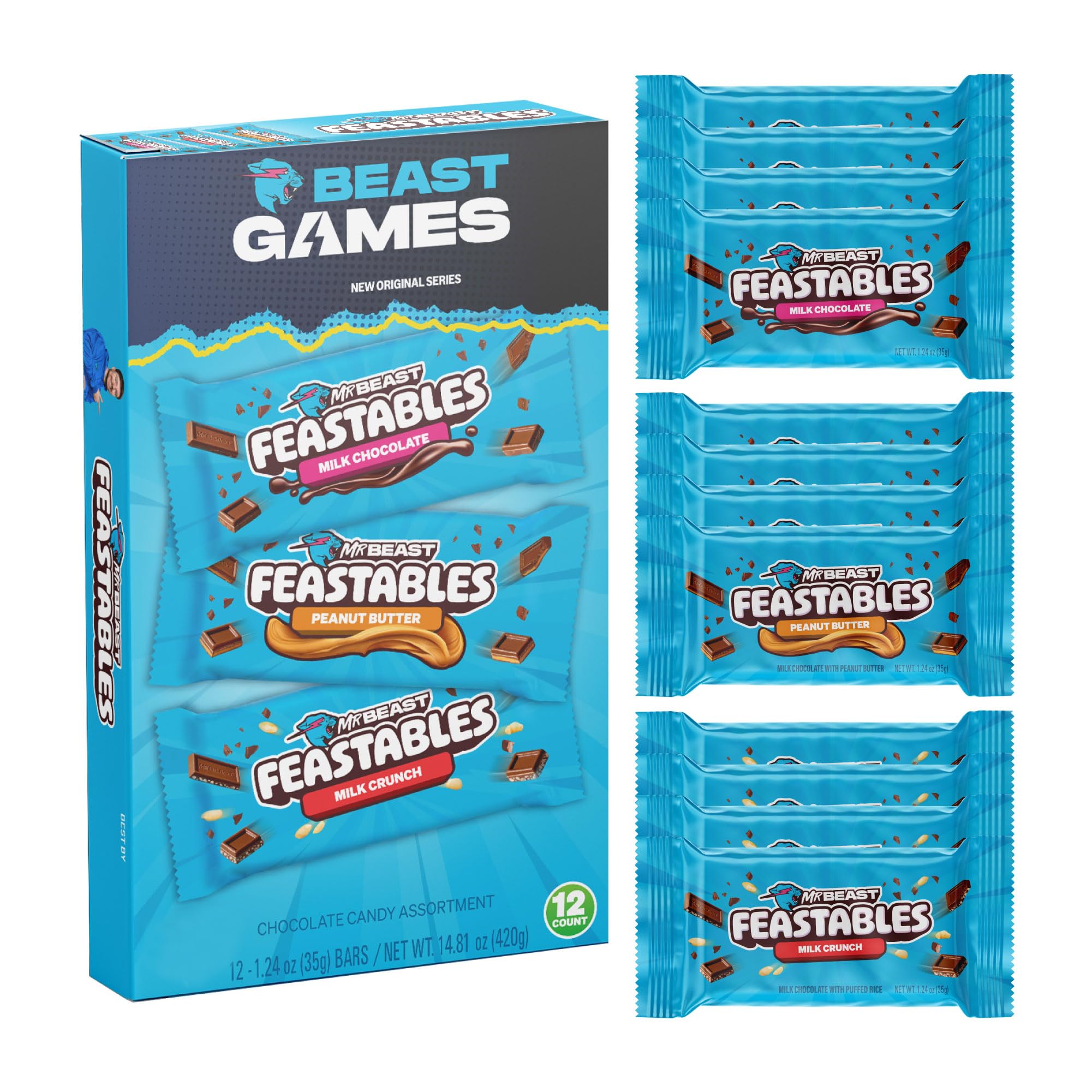 Feastables Beast Games Chocolate Bar Variety Pack - Milk Chocolate, Crunch & Peanut Butter (1.24oz/35g, 12 Count) | Perfect for Parties, Gifts & Snacking