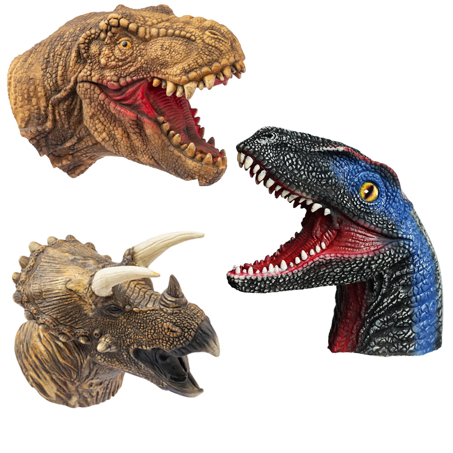 Realistic Latex Dinosaur Hand Puppets Set - Tyrannosaurus, Triceratops & Velociraptors - Soft Animal Head Toys for Kids, Perfect Gift for Birthday Parties, Classroom Activities & Imaginative Play