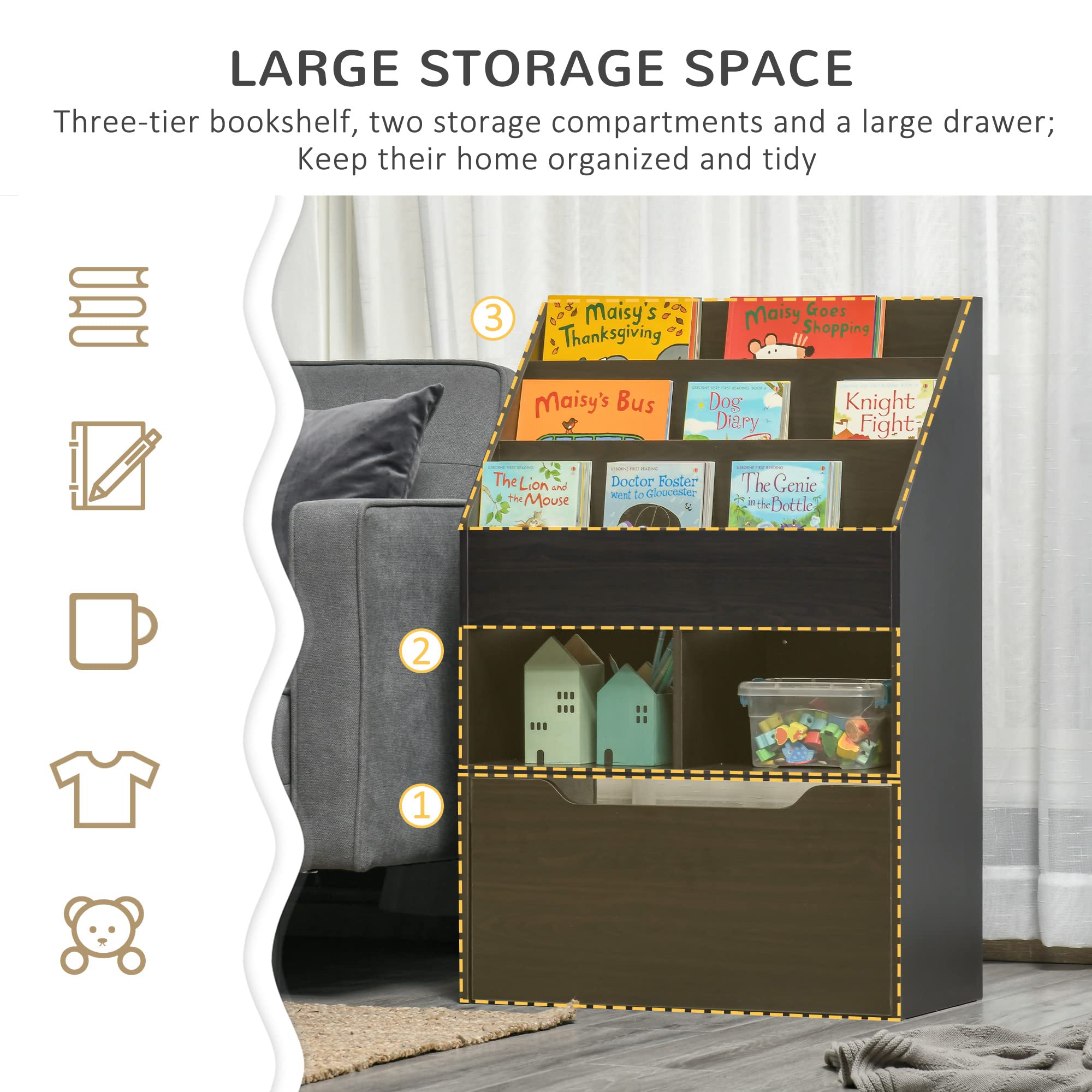 HOMCOM Kids Bookcase with Storage Drawer - 5-Tier Multi-Shelf Book Organizer for Playroom, Nursery & Bedroom - Sturdy Wooden Bookshelf for Children's Books, Toys & Room Decor (Brown) - Perfect for Reading Nooks, Toy Storage & Kids Room Organization