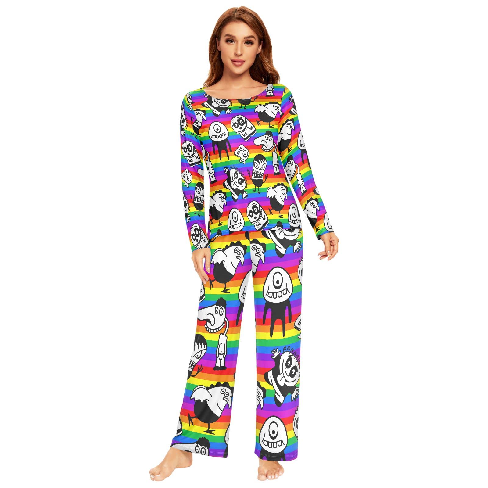 KFBE Rainbow Monsters Women's Pajama Set - Long Sleeve Sleepwear Top & Pants Lounge Outfit | Soft Cotton Comfy Loungewear for Sleep, Relaxing at Home & Sleepovers