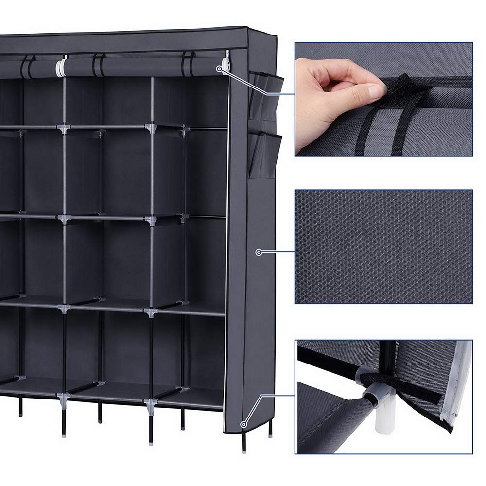 Knocbel 67 Inch Freestanding Closet Organizer with Dustproof Waterproof Cover - 2 Hanging Rods, 4 Side Pockets & Storage Shelves for Bedroom, Closet or Laundry Room (Gray)