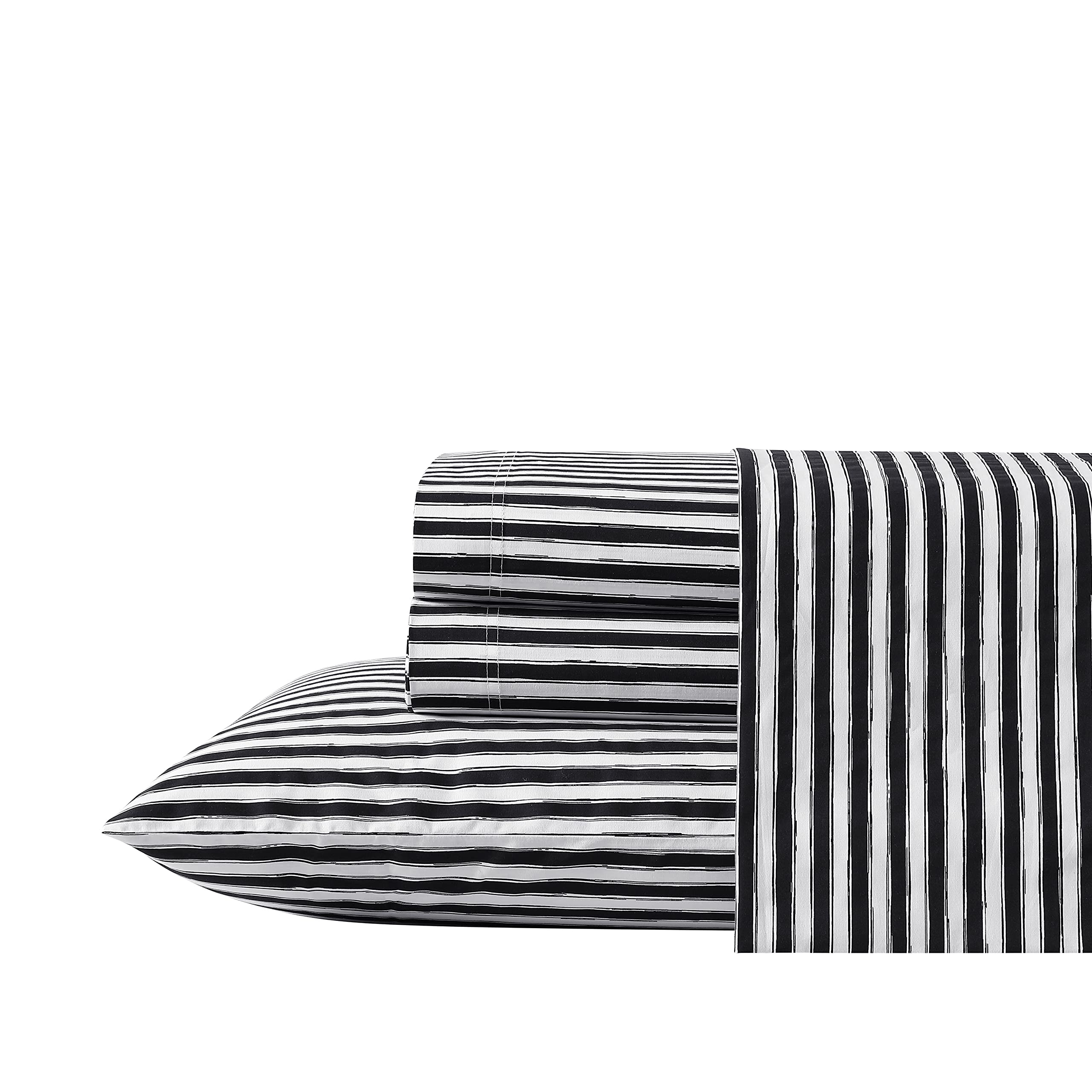 Betsey Johnson Queen Size Cotton Percale Bed Sheet Set - Crisp, Cool & Breathable Bedding - Sketchy Stripe Design for Comfortable Sleep - Perfect for Master Bedrooms, Guest Rooms & Dormitories