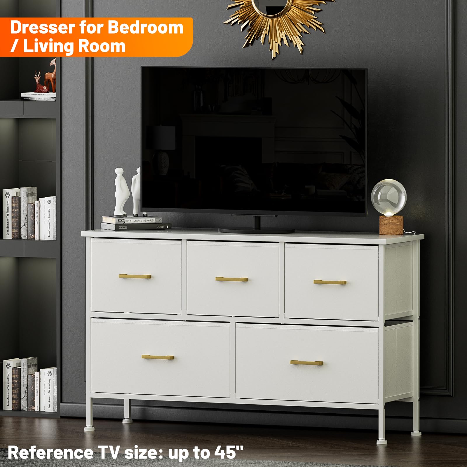 5-Drawer White Dresser for Bedroom - Sturdy Steel Frame with Leather Finish & Wood Top - Perfect for Closet, Living Room, TV Stand & Nursery Storage (Glacier White) | Space-Saving Organizer for Small Apartments & Dorm Rooms