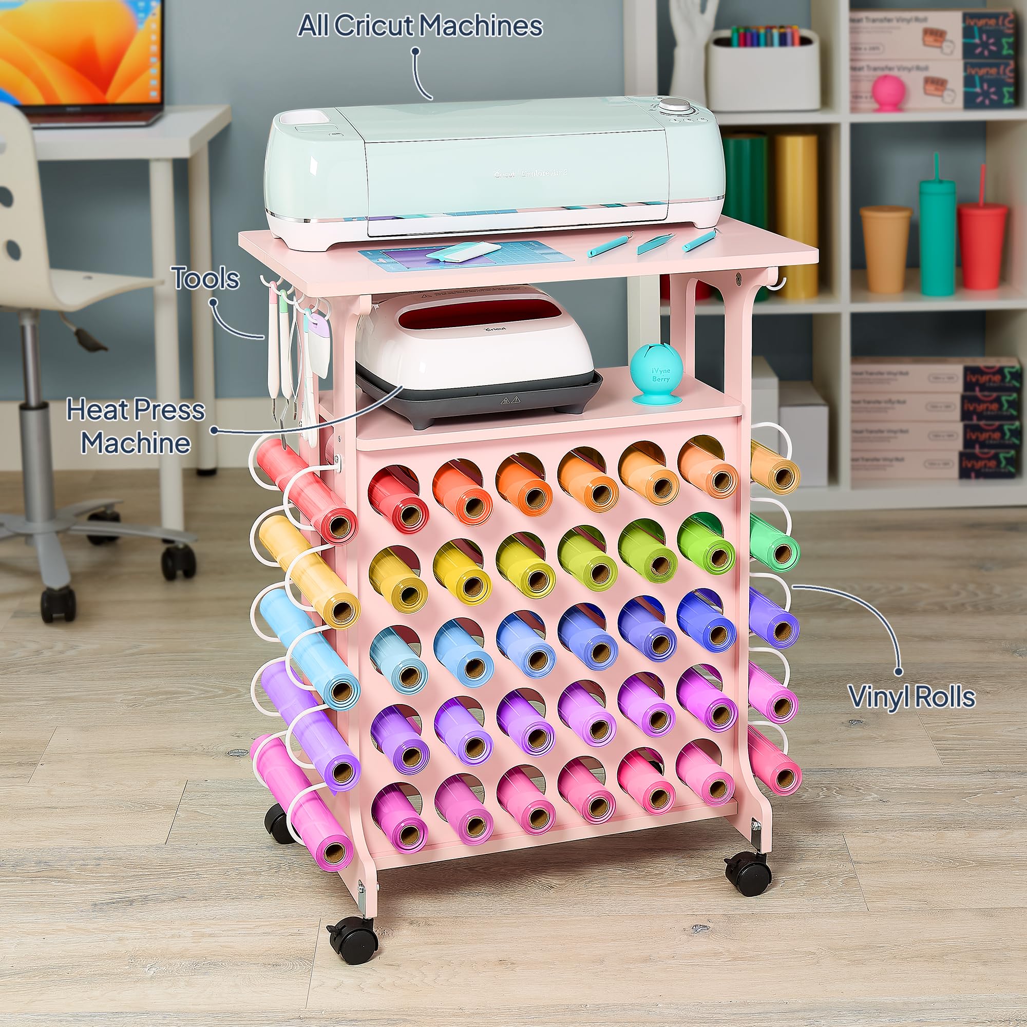 iVyne Vinyl Storage Cart - 40 Vinyl Roll Holders for Cricut Organization, Compact Craft Cart with Wheels & Tool Holders - Compatible with All Cricut Machines - Perfect for Craft Rooms, DIY Projects & Home Decor - Pink