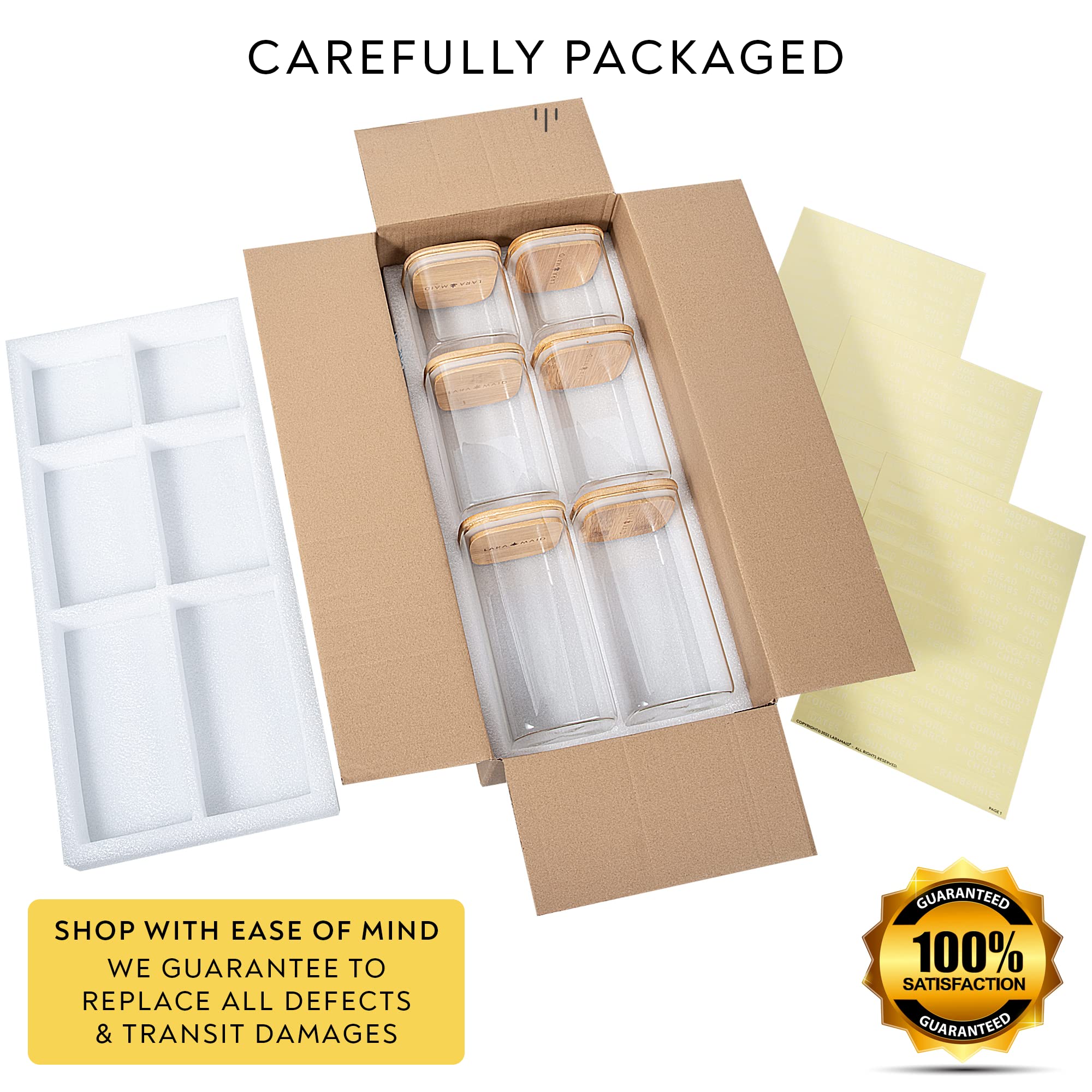 Premium Glass Jar Set with Bamboo Lids - 6-Piece (2x27oz, 2x40oz, 2x50oz) Square Canister Food Storage Containers + 160 Minimalist Pantry Labels & Custom Stickers - Ideal for Kitchen Organization, Pantry Storage, and Bulk Food Preservation