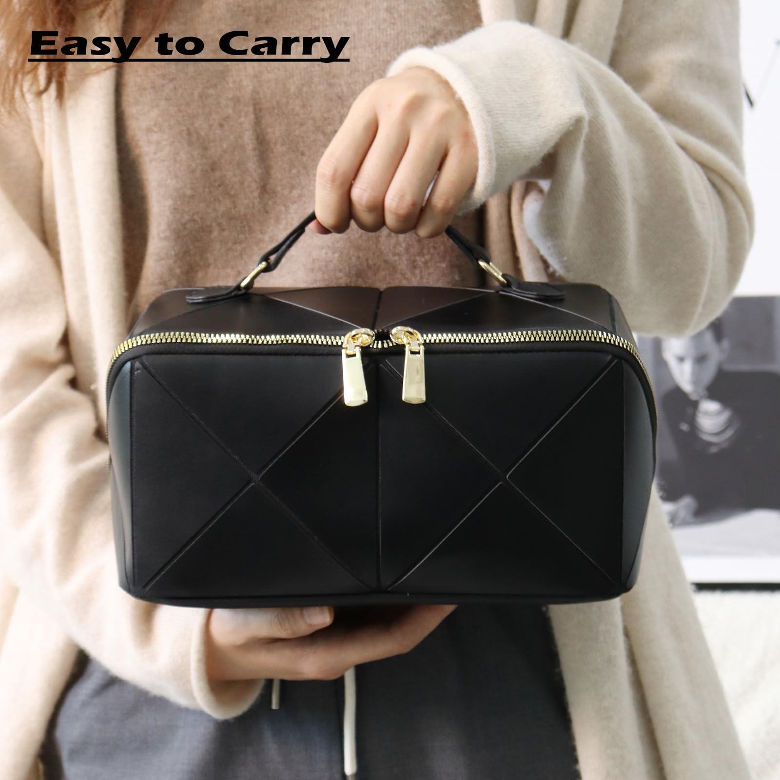 IMCUZUR Large Travel Makeup Bag for Women - Waterproof Cosmetic Organizer with Handle, Portable Flat Open Toiletry Bag for Skincare & Beauty Essentials (Black) - Perfect for Vacation, Gym & Daily Use