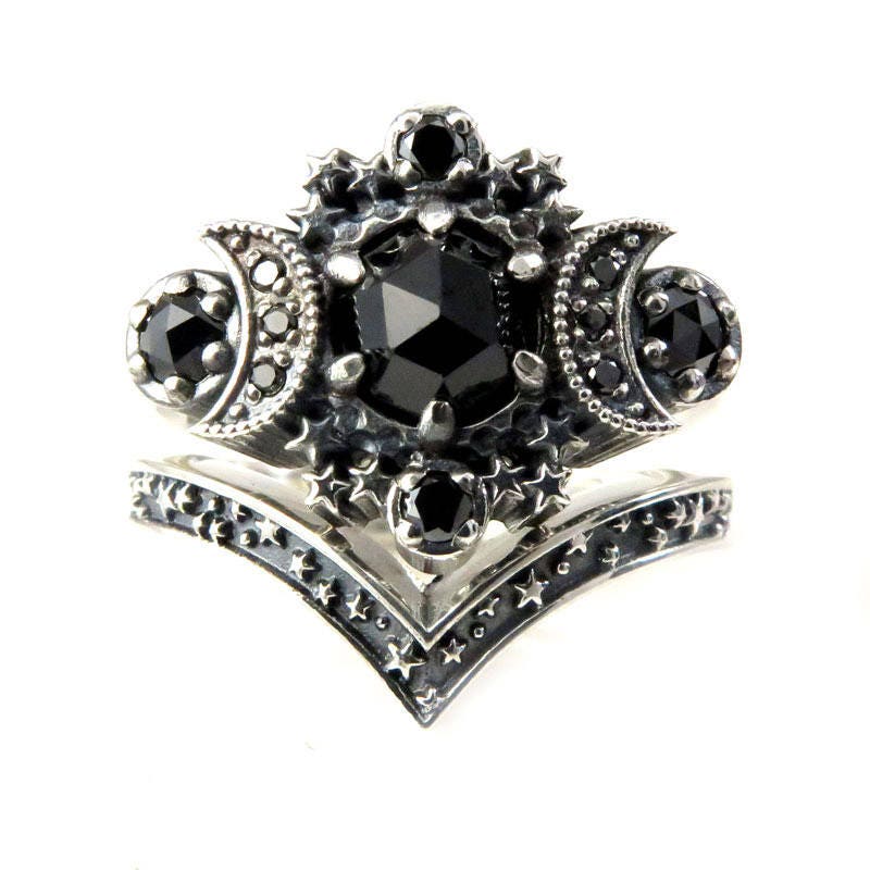 Gothic Cosmos Moon Engagement Ring Set - Silver Moon & Stardust Chevron Wedding Band for Women | Vintage Celestial Jewelry for Brides, Goth Wedding, Anniversary Gift & Dark Romance Lovers