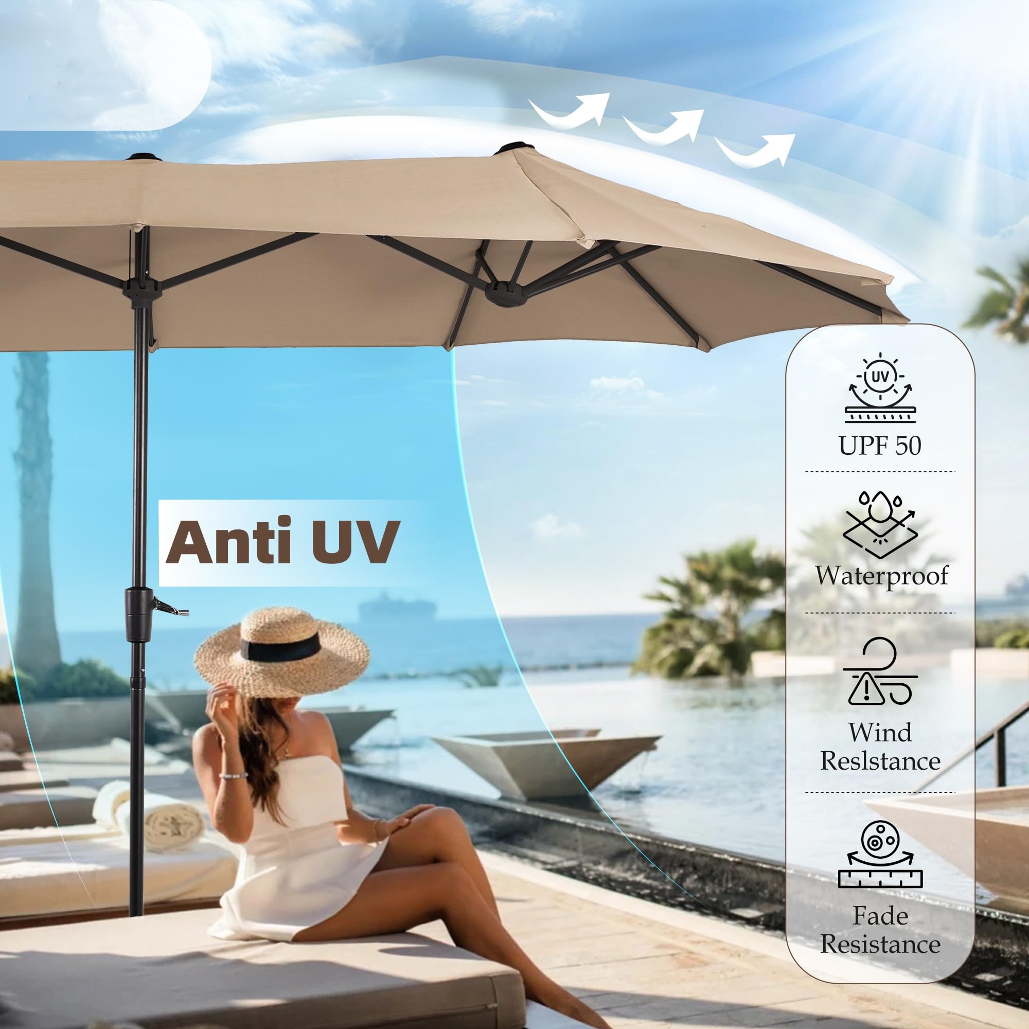 PHI VILLA 13 ft Outdoor Patio Umbrella - Large Rectangular Double-Sided Market Umbrella with Crank Handle - Perfect for Poolside, Deck, Garden, and Outdoor Dining Areas
