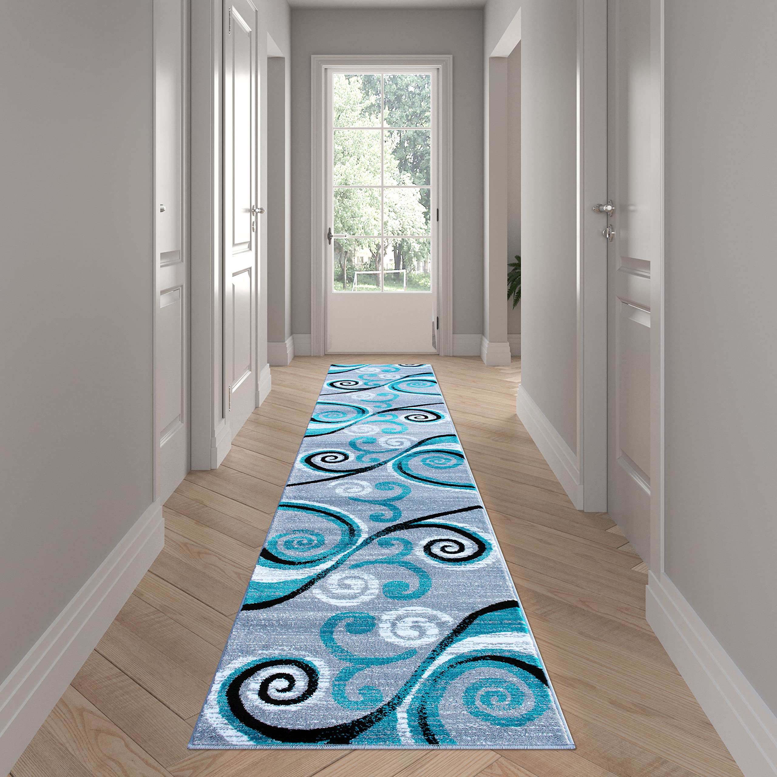 Emma & Oliver Olefin Accent Rug - Turquoise Scraped Swirl Pattern 2x11 - Plush Pile, Jute Backing - Stain & Moisture Resistant - Easy Maintenance - Perfect for Living Room, Bedroom, or Office Decor