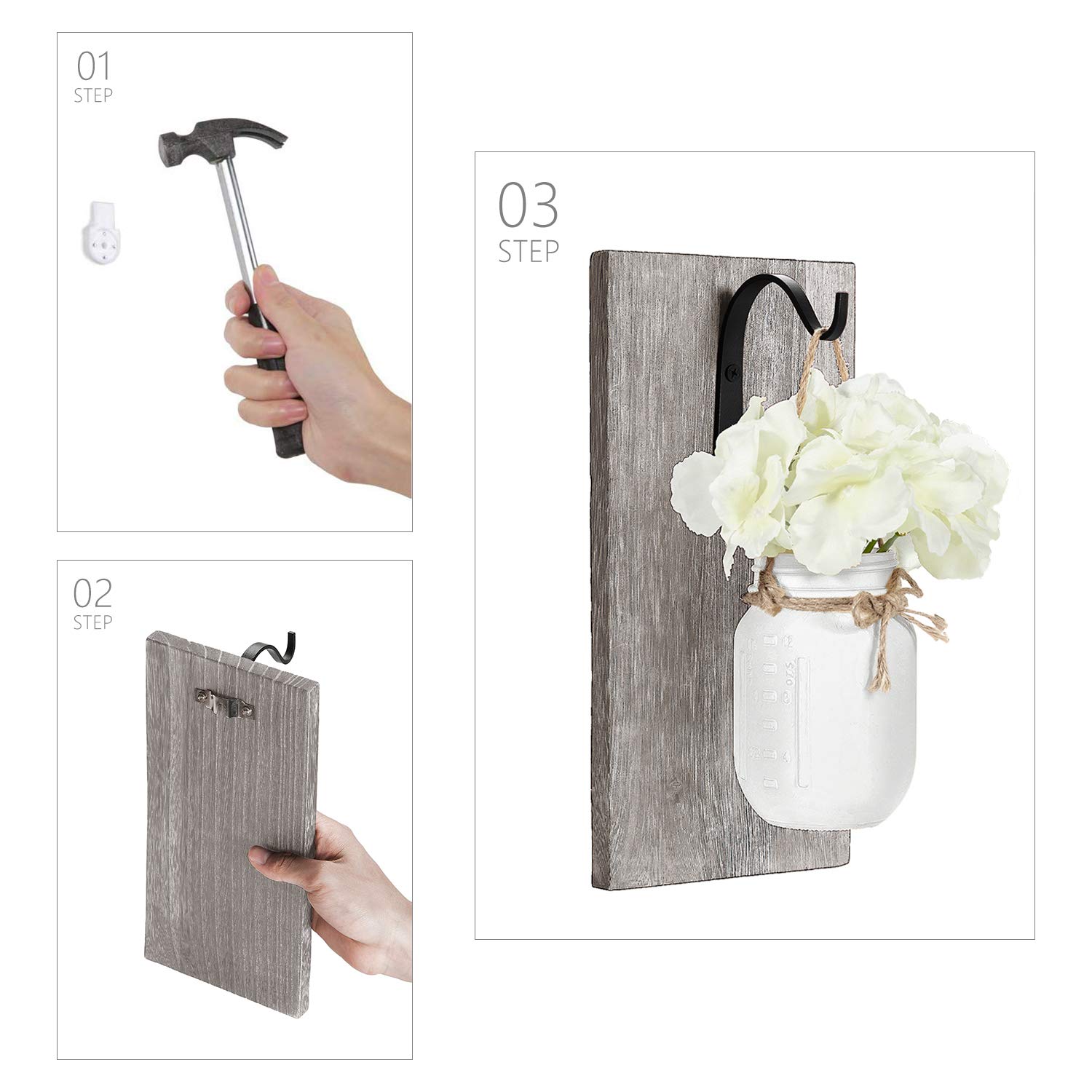 Rustic Farmhouse Mason Jar Wall Sconces Set of 2 - Wood Board with Fairy Lights & Flowers, White Bathroom Decor for Home, Kitchen, Living Room | Perfect for Fall, Wedding, and Cozy Indoor Lighting