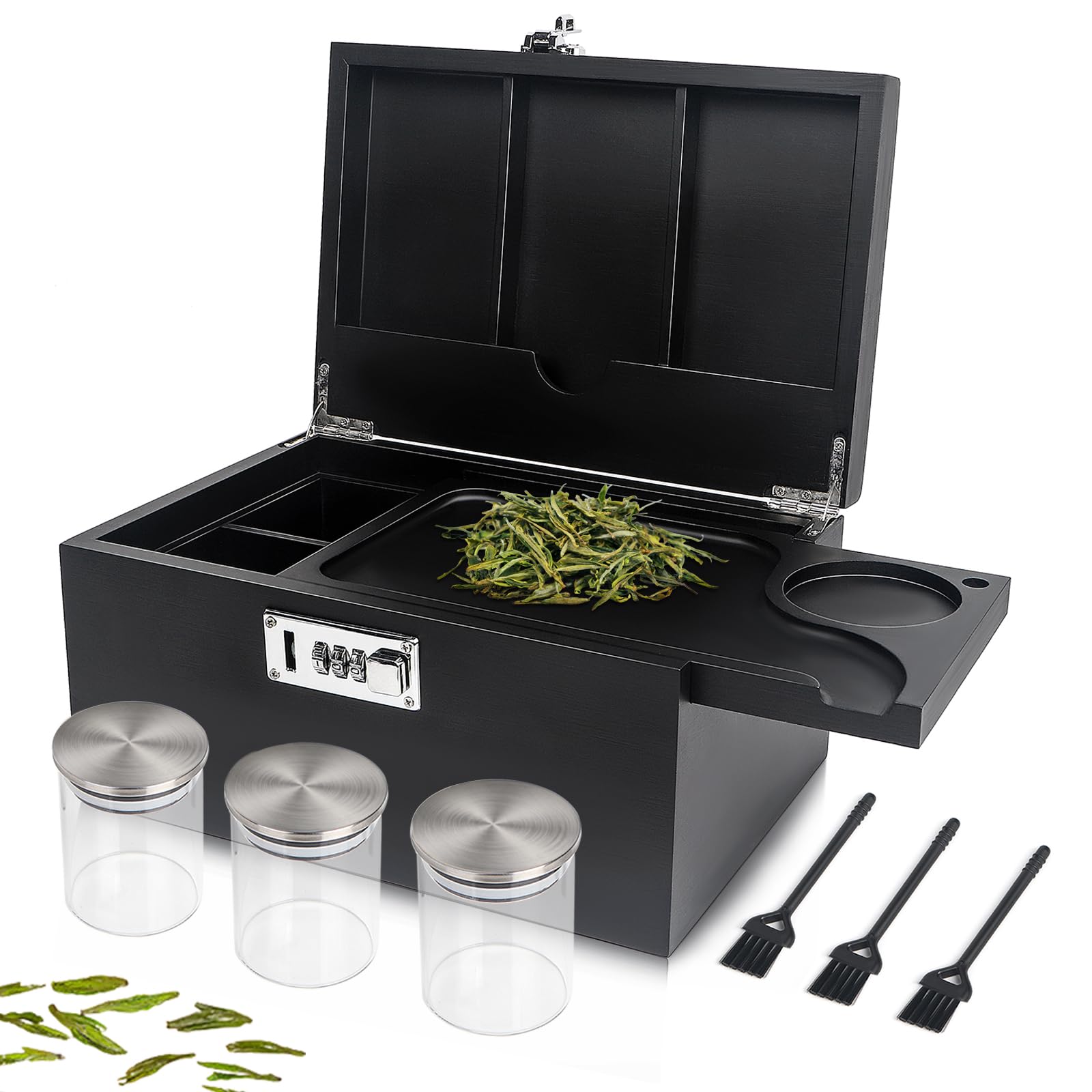 Lotmusic Large Storage Box with Removable Slide-Out Tray & 3-Pack Glass Jars - Bamboo Decorative Organizer with Cleaning Brushes & Combination Lock - Perfect for Home Decor, Gift Wrapping, and Jewelry Storage