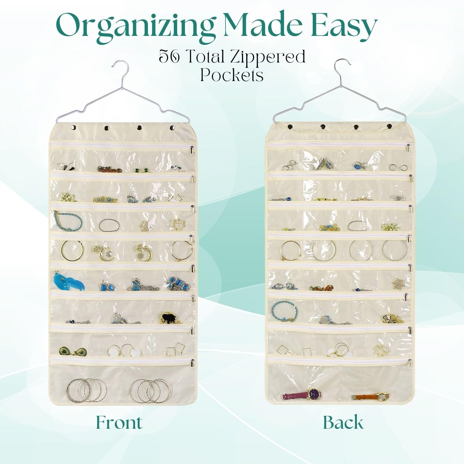 Flexzion Hanging Jewelry Organizer with 56 Zippered Pockets - Dual-Sided Closet Storage for Earrings, Bracelets, Watches & Rings (1 Pack, Beige) | Perfect for Bedroom, Closet & Travel Jewelry Organization