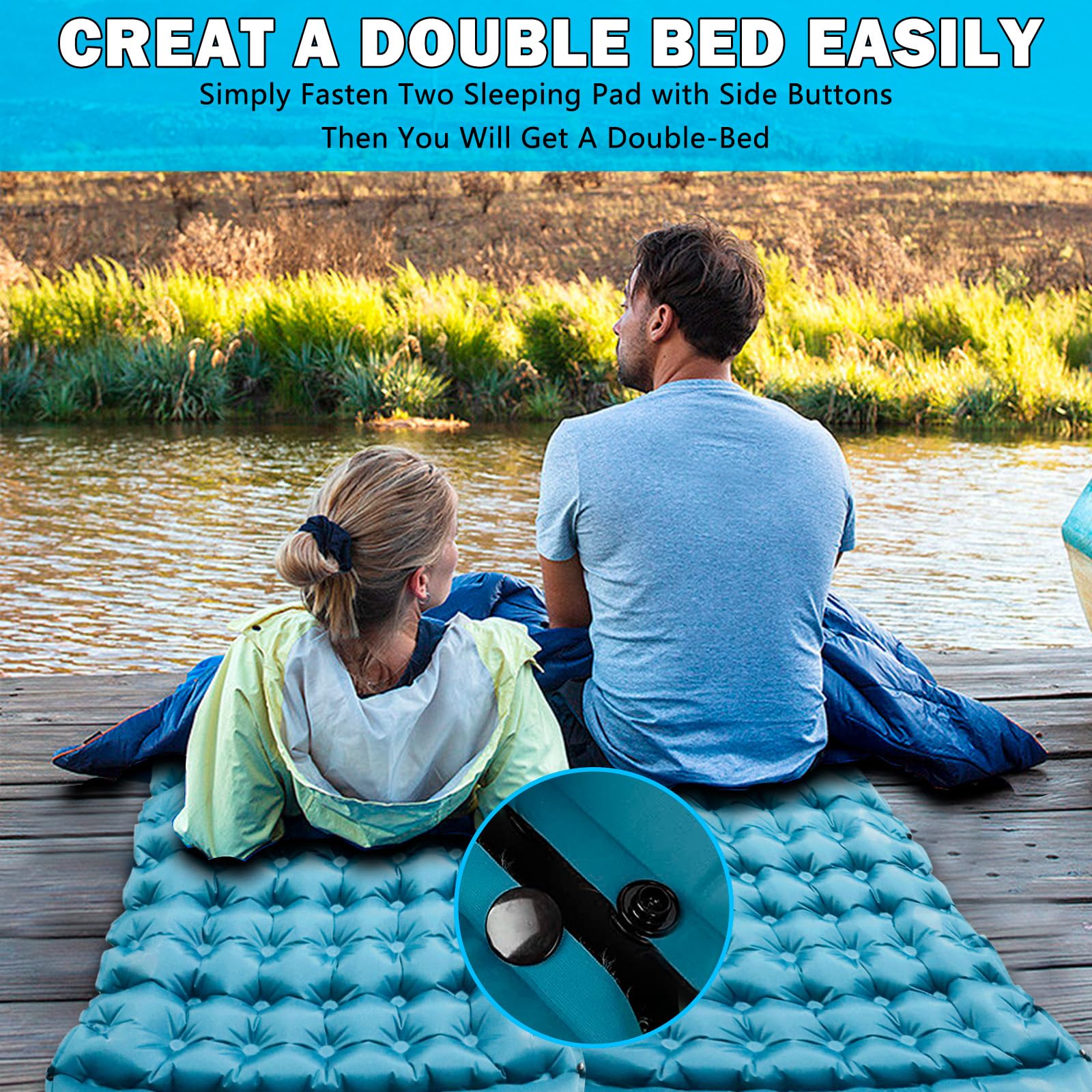 Blue Self-Inflating Camping Pad with Pillow - Lightweight for Hiking & Travel