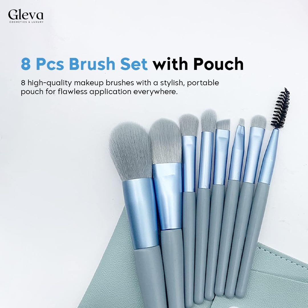 Premium 8-Piece Synthetic Kabuki Makeup Brush Set with Pouch - Foundation, Concealer, Eyeshadow, Blush, Powder, Highlighter, Contour & Eyeliner Blending Brushes (Grey) - Perfect for Professional Makeup Application & Travel Beauty Essentials