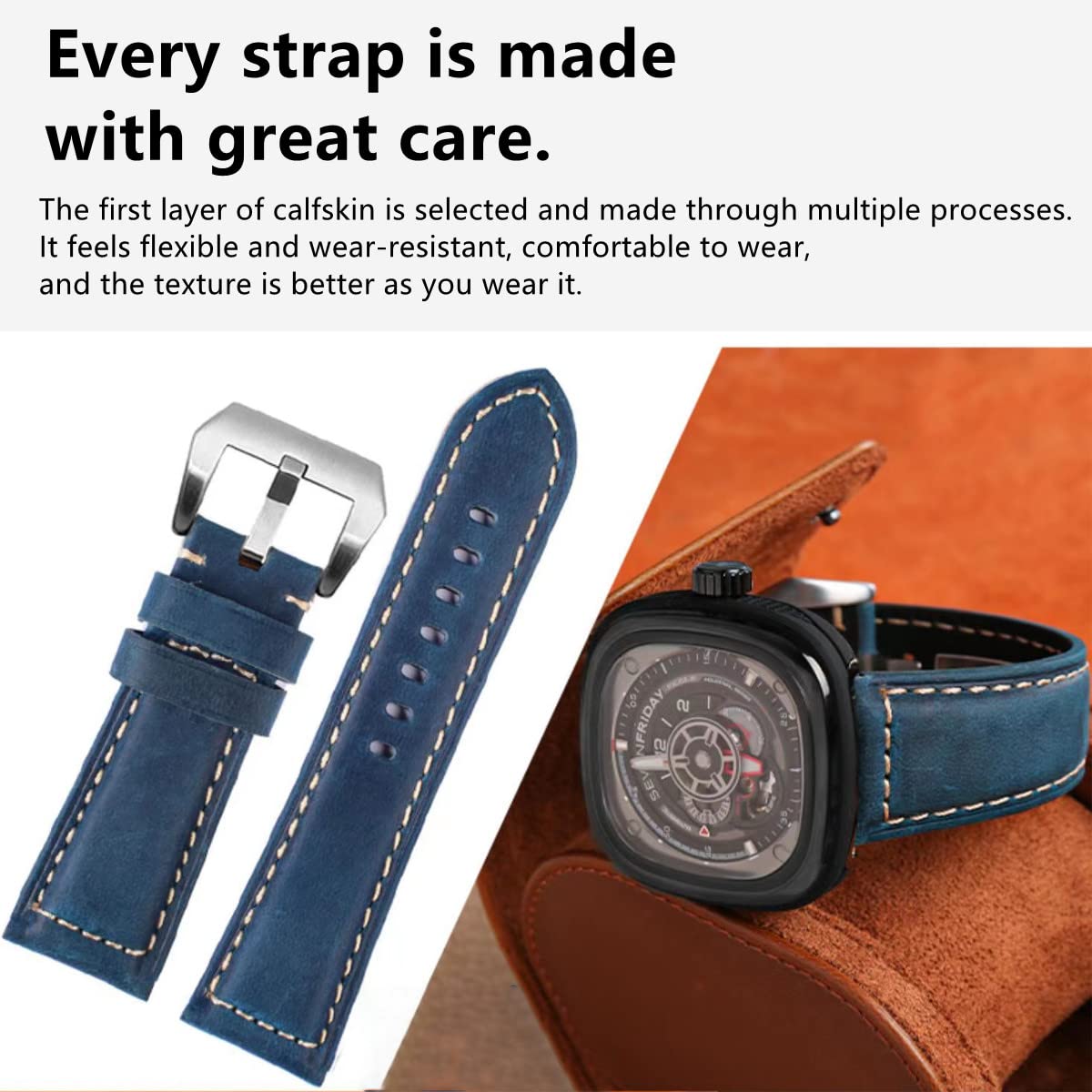Leather Watch Bands for Men - Vintage Top Grain Genuine Leather Watch Strap Compatible with Panerai, 20mm 22mm 24mm 26mm Replacement Band - Perfect for Casual, Business & Dress Watches