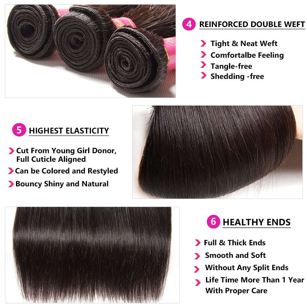 YISEA 100% Unprocessed Brazilian Virgin Human Hair Bundles with 13x4 Lace Frontal (14 16 18+14) - 3 Bundles Brazilian Straight Hair for Weave & Extensions - Perfect for Salon Styling, Everyday Wear & Special Occasions