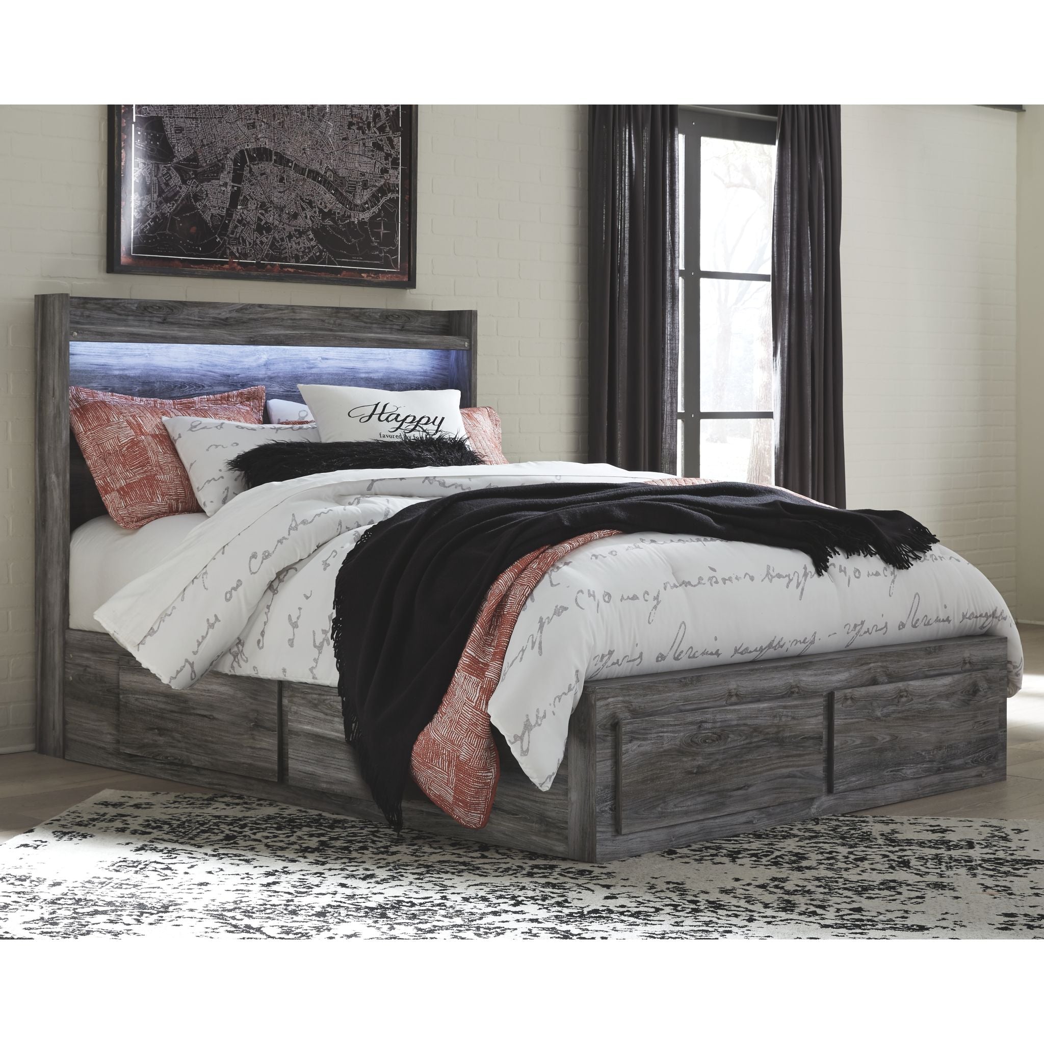 Baystorm Panel Bed with 4 Drawer Storage - Gray Queen Size Bed Frame with Underbed Storage | Modern Bedroom Furniture for Small Spaces & Guest Rooms