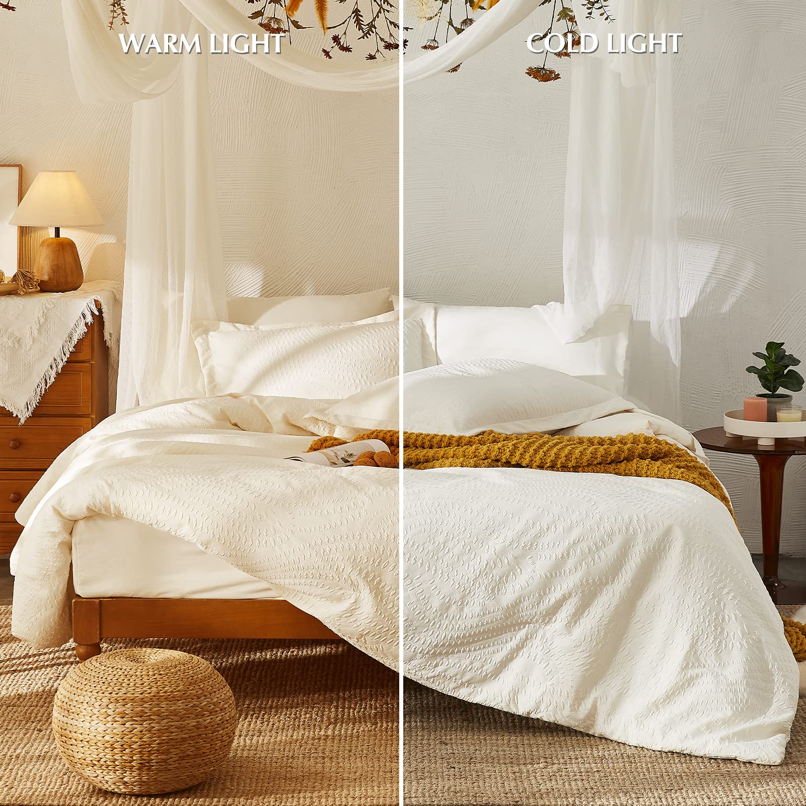 Geniospin Queen Comforter Set 7-Piece All Season Bedding - Ivory White Botanical Print Seersucker Duvet Cover, Sheets, Pillowcases & Shams (90x90 Inches) for Cozy Bedroom Decor & Guest Room Essentials