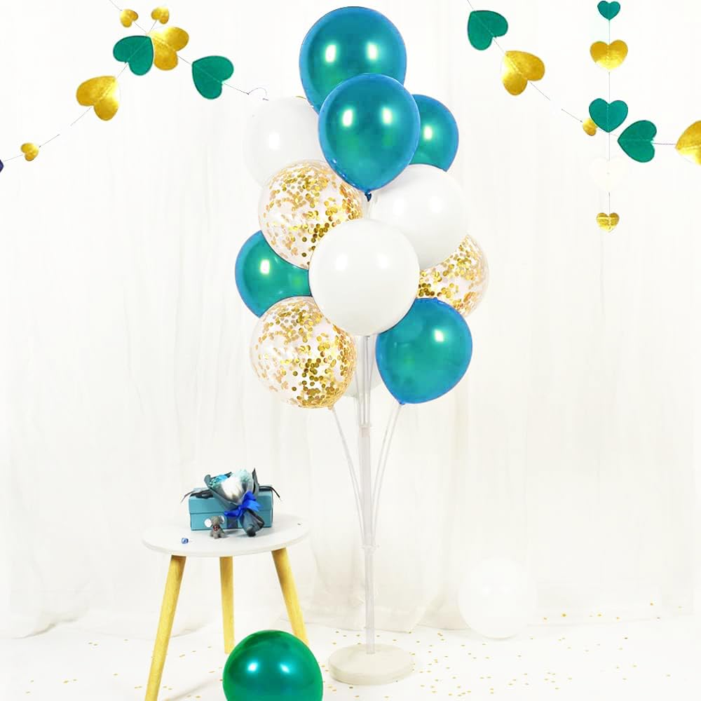 Teal Gold Balloons & Turquoise Birthday Decorations - 2 Sets of 15pcs Table Centerpiece Balloon Stands for Wedding, Birthday Party, Baby Shower & Special Events | Elegant Teal & Gold Party Decor