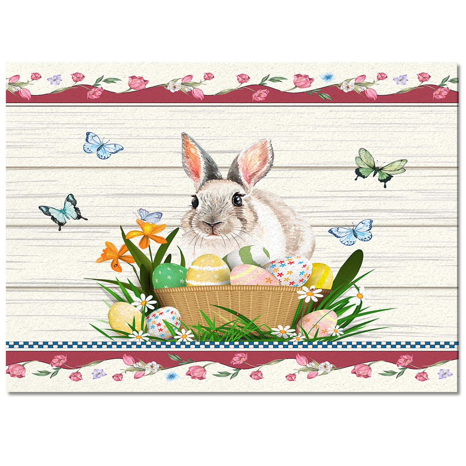 5' x 8' Non-Slip Easter Bunny Floral Area Rug - Spring Wood Grain Pattern Rectangle Carpet for Living Room, Bedroom | Home Decor, Easter Celebration