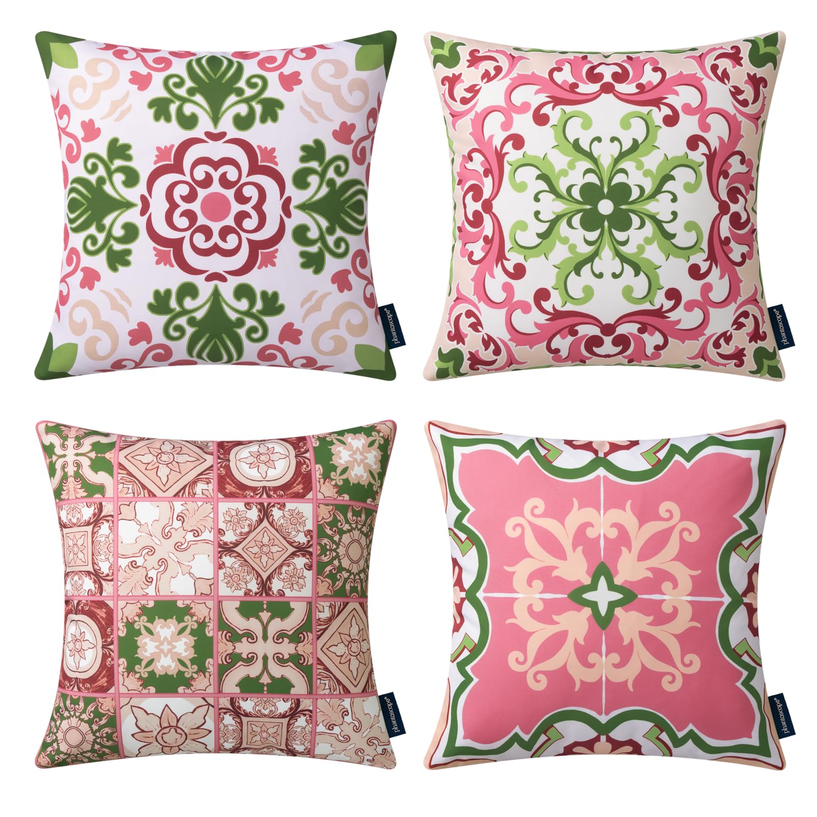 Phantoscope Set of 4 Waterproof Outdoor Throw Pillow Covers - 18x18 Inch Boho Geometric Decorative Cushion Cases for Patio Furniture, Garden, Tent & Farmhouse Decor (Pink/Green Fig Pattern) | Weather-Resistant & UV Protection for Outdoor Use