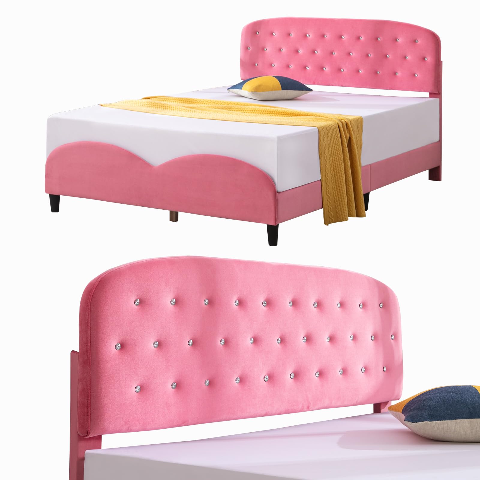 ZAFLY Full Size Bed Frame for Kids - Pink Princess Bed with Cushioned Headboard & Wooden Slats, Sturdy Girls Bed Frame for Deep Sleep | Perfect for Bedrooms, Playrooms & Sleepovers (Diamond Design)