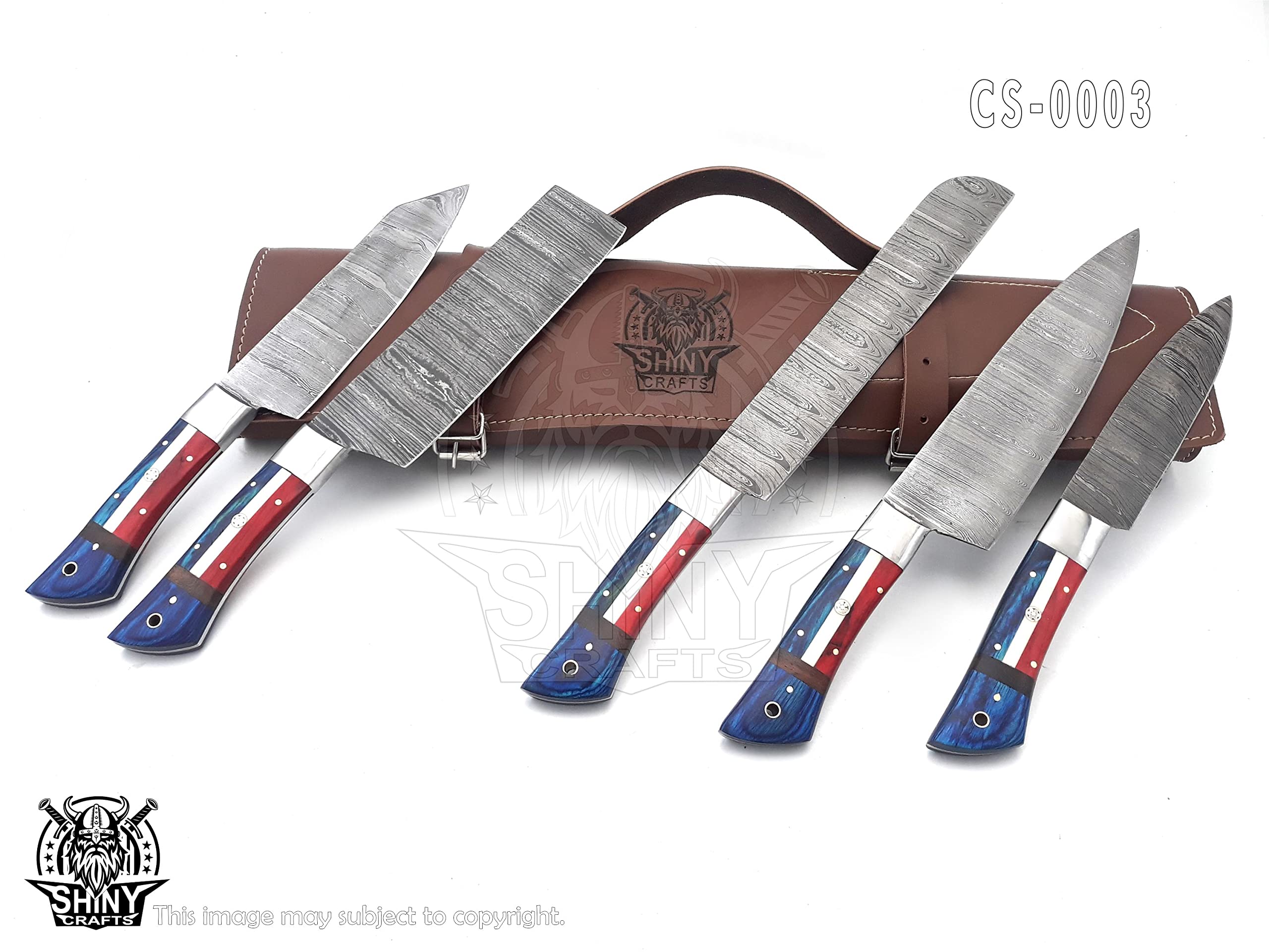 Premium Damascus Steel Chef Knife Set - Handcrafted Wood Handle Kitchen Knives with Razor-Sharp Blade & Leather Pouch Roll | Perfect for Professional Chefs, Home Cooking & Culinary Gifts (CS-03)