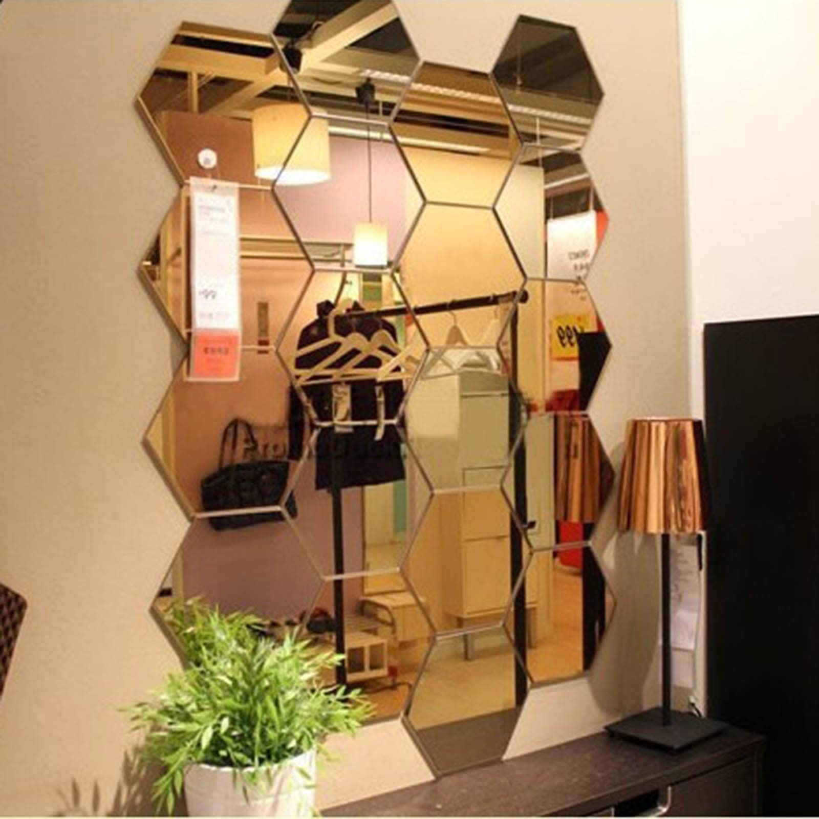 Hexagon Mirror Wall Sticker - Eco-Friendly Acrylic Decorative Mirror for Bathroom, Living Room & Bedroom - Gold Geometric Wall Decor - Peel and Stick Easy Installation - Perfect for Home, Office & Dorm Decor