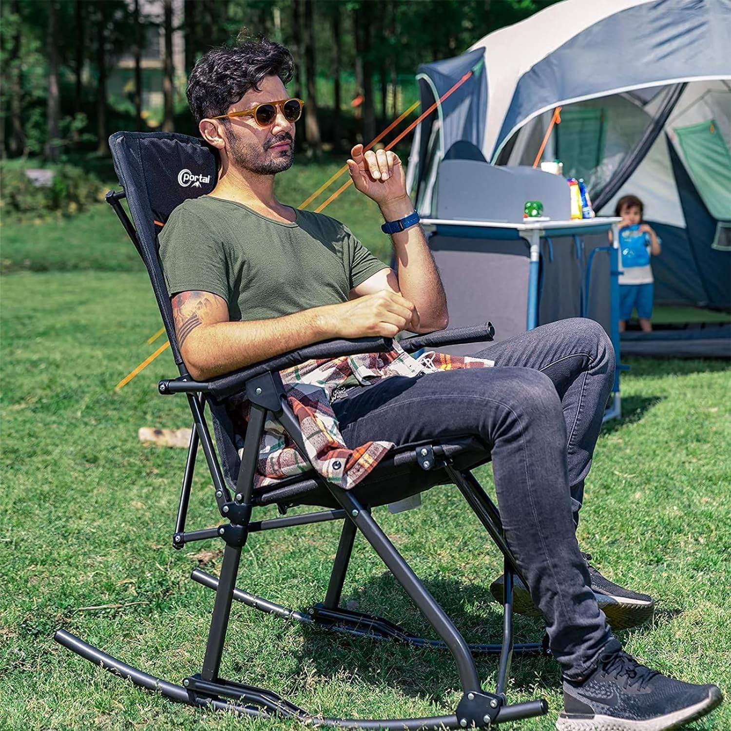 **PORTAL Oversized Folding Rocking Camping Chair - Portable Outdoor Rocker with High Back, Hard Armrests & Carry Bag - Supports 400 lbs, Breathable Mesh Back - Perfect for Camping, Beach, Backyard & Patio Relaxation**