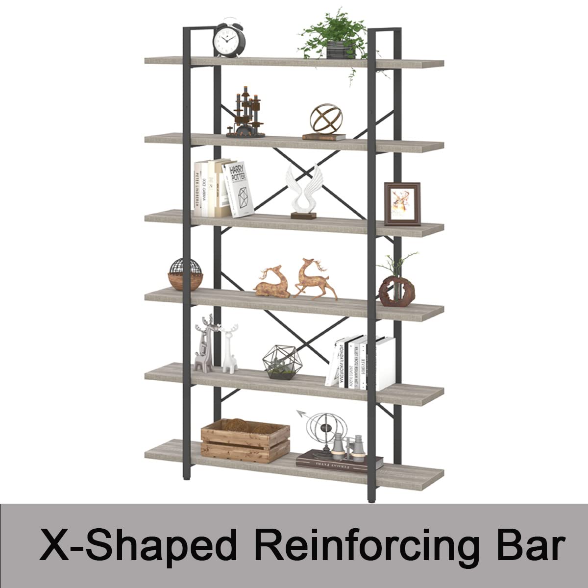 HSH 6-Tier Tall Bookshelf - Industrial Wood & Metal Bookcase with Open Shelves for Storage | Vertical Display Shelf for Bedroom, Living Room & Office | Light Grey Oak Finish | Perfect for Organizing Books, Decor & Essentials