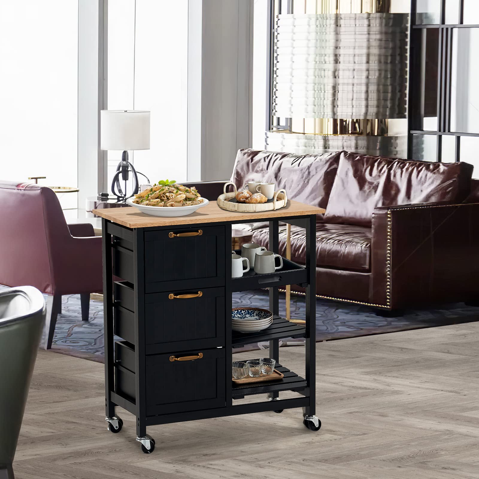 VINGLI Kitchen Island Cart with 3 Drawers, 2 Tier Holders & Removable Tray - Black Rolling Storage Cabinet with Solid Wood Top for Small Kitchen, Microwave Trolley, Home Serving Bar Cart | Perfect for Kitchen Organization, Entertaining & Space-Saving Storage