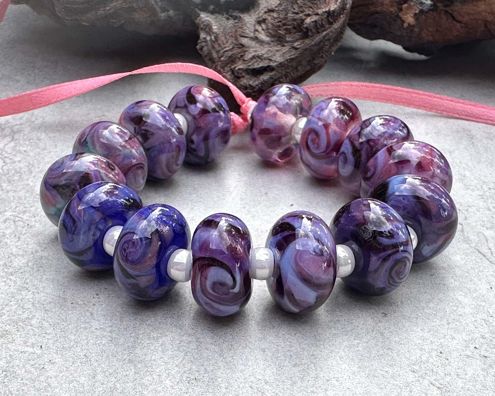 14 Purple & Blue Swirl Lampwork Glass Beads Set for Jewelry Making - DIY Bracelet, Necklace & Craft Projects (SRA Certified) - Perfect for Handmade Gifts & Boho Accessories