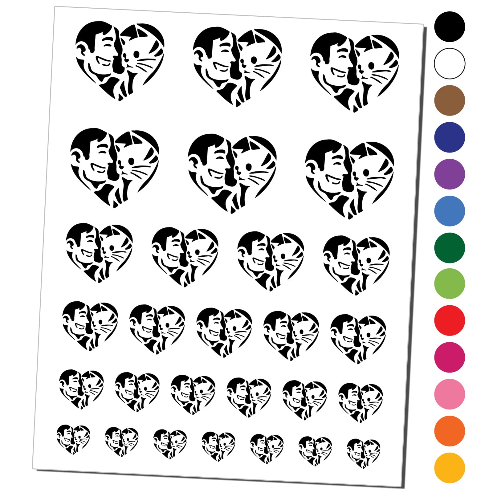 Waterproof Fake Tattoo Set - Heart Design with Man & Cat Pet Art | Temporary Body Stickers for Parties, Halloween & Cosplay | Black Color (1 Sheet)