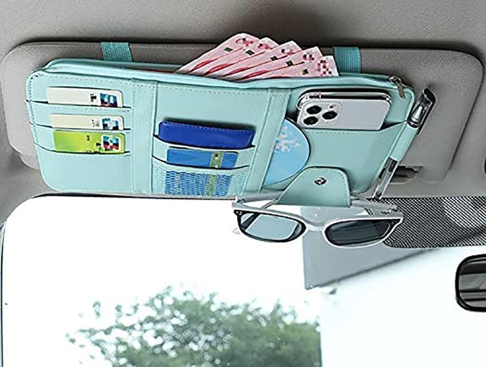 **Weimay Car Sun Visor Organizer – PU Leather Hanging Storage Bag with Tissue Box Holder, Multifunctional Car Visor Pocket for Sunglasses, Keys & Small Items – Perfect for Road Trips & Daily Commute**