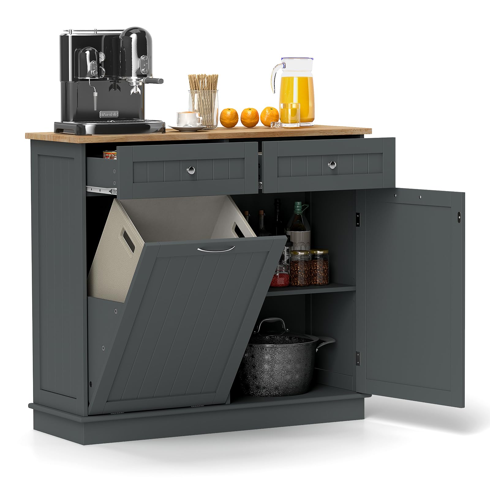Freestanding Tilt-Out Trash Cabinet with 2 Drawers & Adjustable Shelf - Rubber Wood Countertop Kitchen Island Organizer, Laundry Hamper & Pet-Proof Recycling Bin Holder (Gray) | Perfect for Small Kitchens, Laundry Rooms & Pet-Friendly Homes
