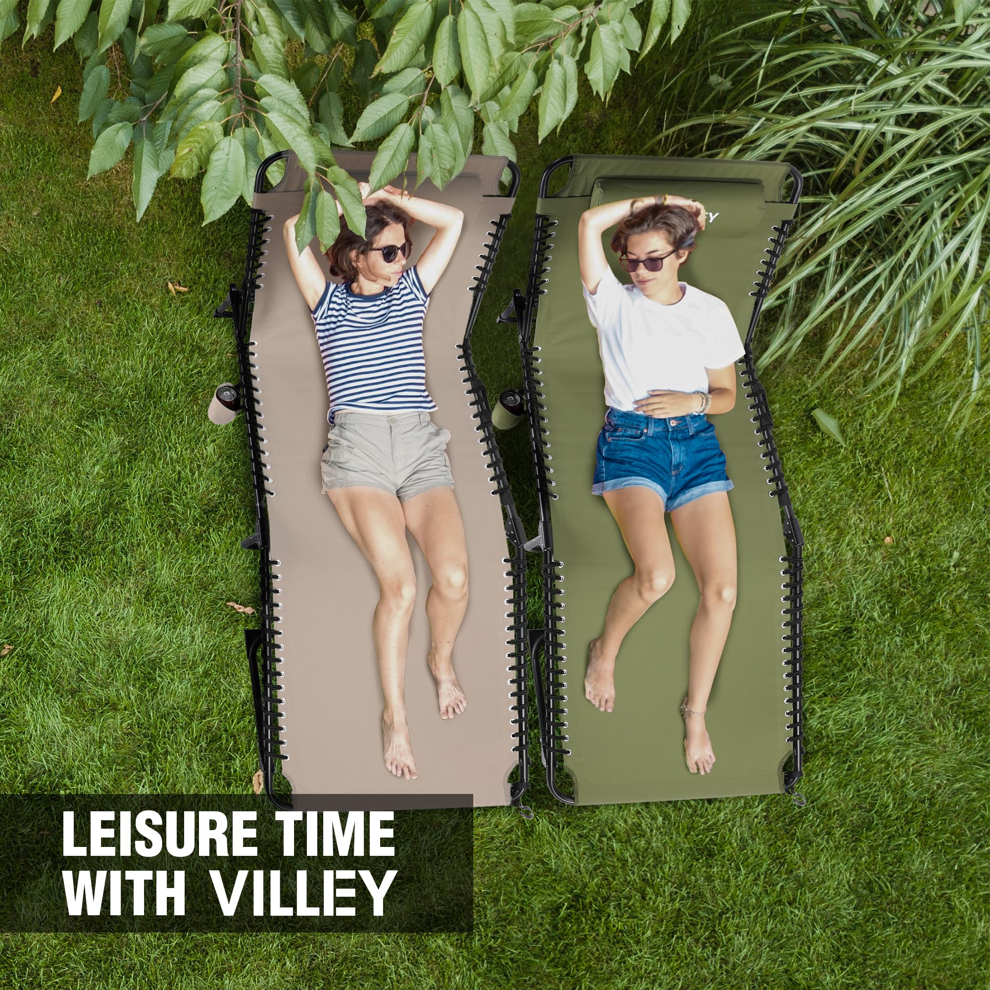VILLEY Oversized Chaise Lounge Outdoor - Heavy Duty Folding Lounge Chair for Patio, Beach, Camping - Portable Trifold Sun Lounger with 5 Adjustable Positions - Perfect for Backyard Relaxation, Poolside Lounging & Beach Vacations