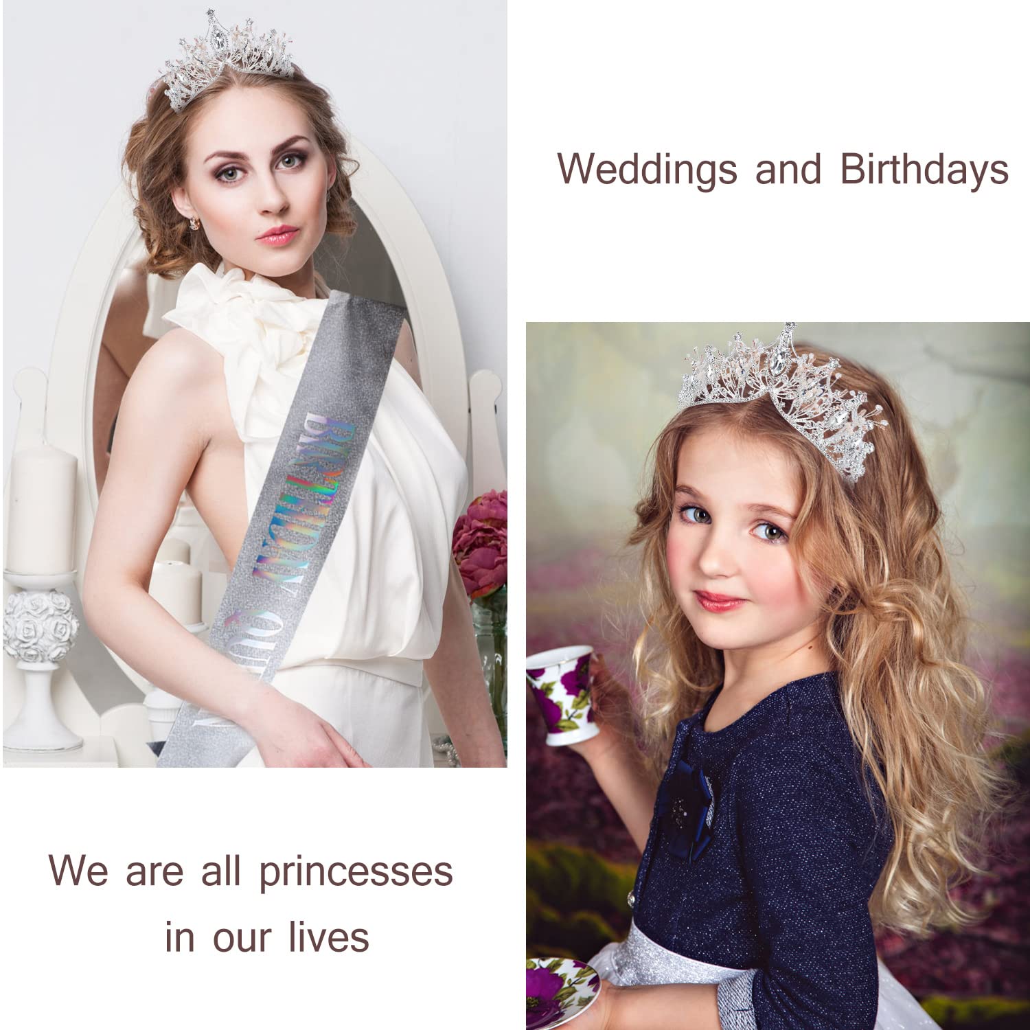 Elegant Silver Birthday Crowns & Tiaras for Women - Queen Birthday Sash Set - Perfect for Birthday Parties, Bachelorette Celebrations & Special Occasions