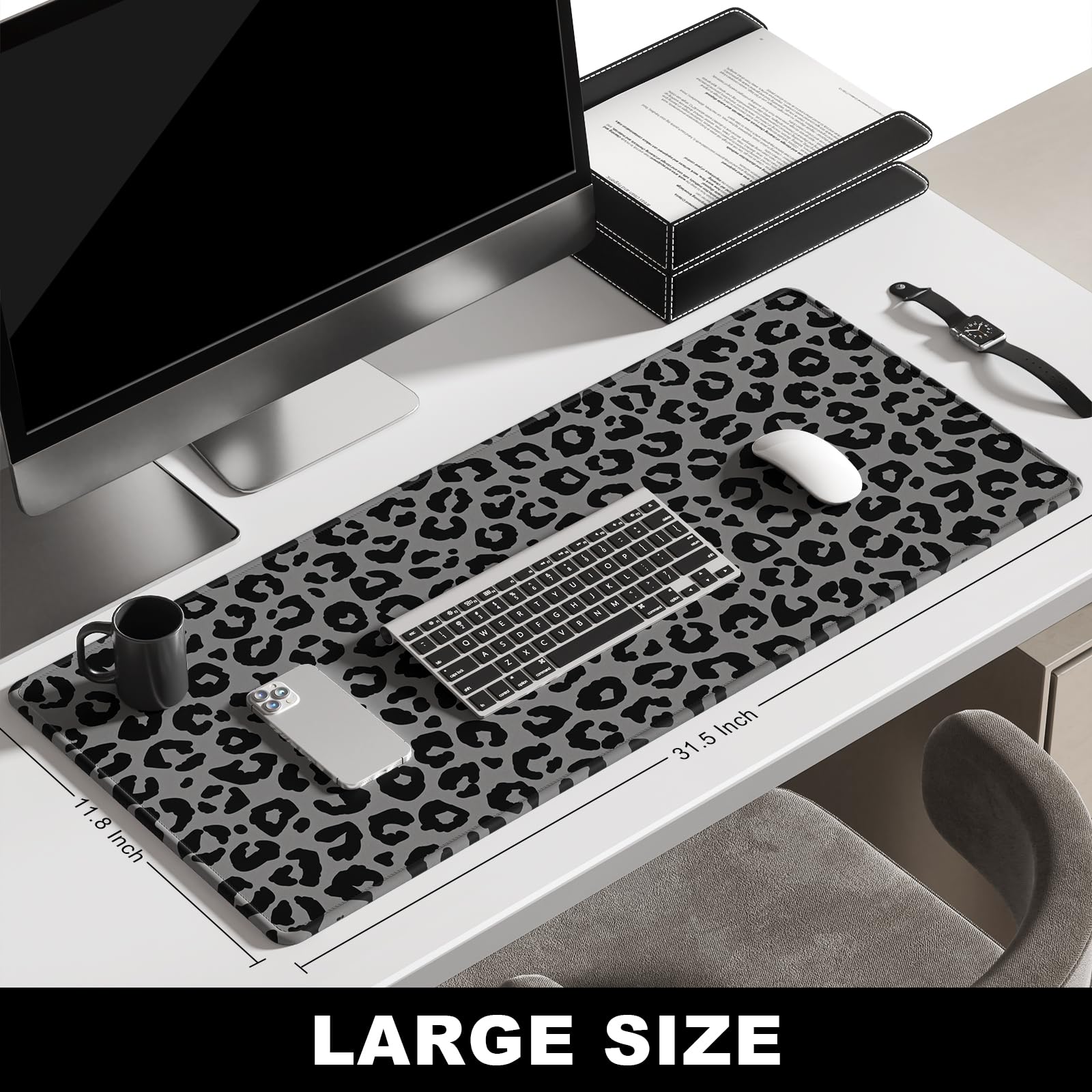 BOSOBO XXL Gaming Mouse Pad - 31.5 x 11.8 Inch Large Extended Desk Mat for PC, Laptop & Office Work - Non-Slip Rubber Base Black Leopard Print Keyboard Mousepad | Perfect for Gaming Setups, Home Office & Workspace Decor