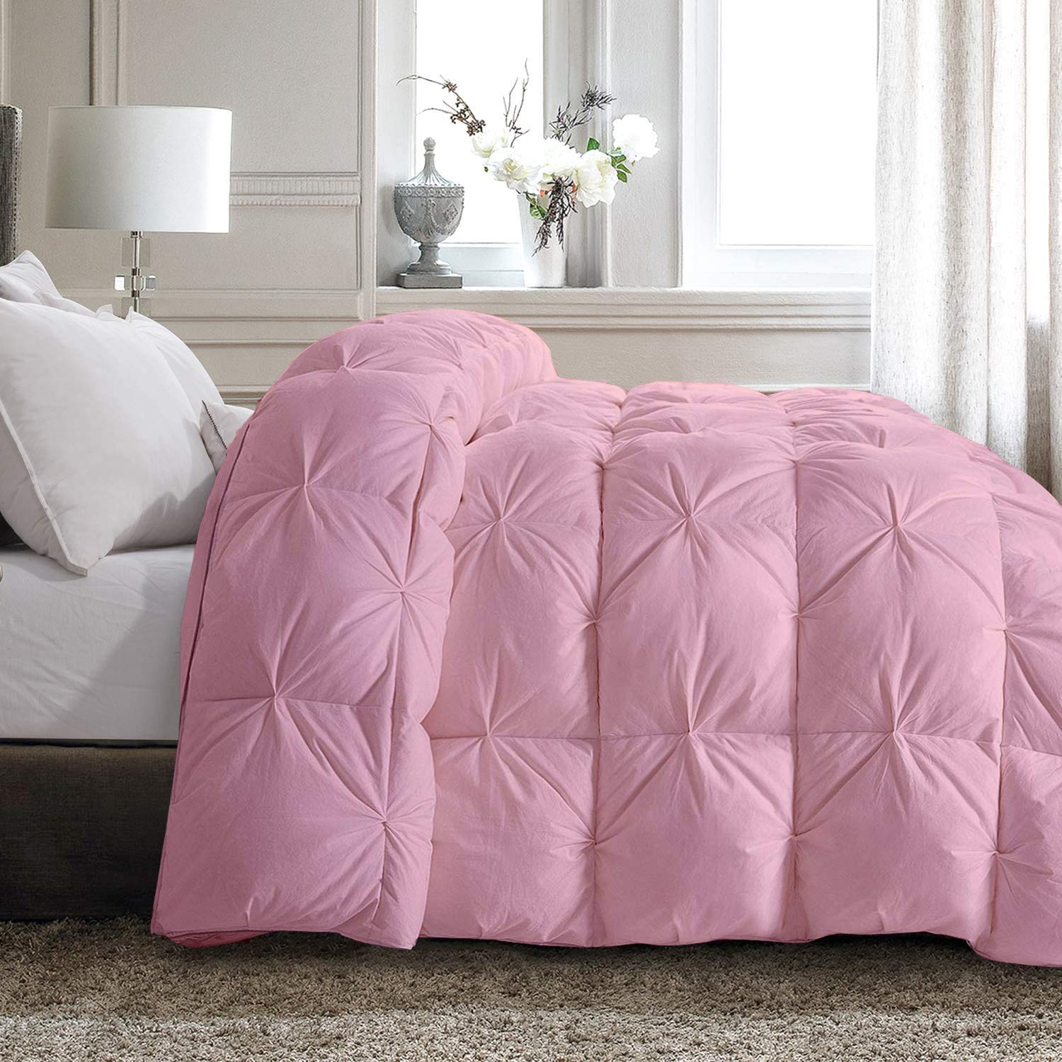 Premium RV Camper Down Alternative Comforter - Oversized 98x120 Inch Baby Pink Solid Luxury Pinch Pleated Bedding - 1000 Thread Count Cotton - Perfect for Travel Trailers, Motorhomes & Cozy Home Bedrooms