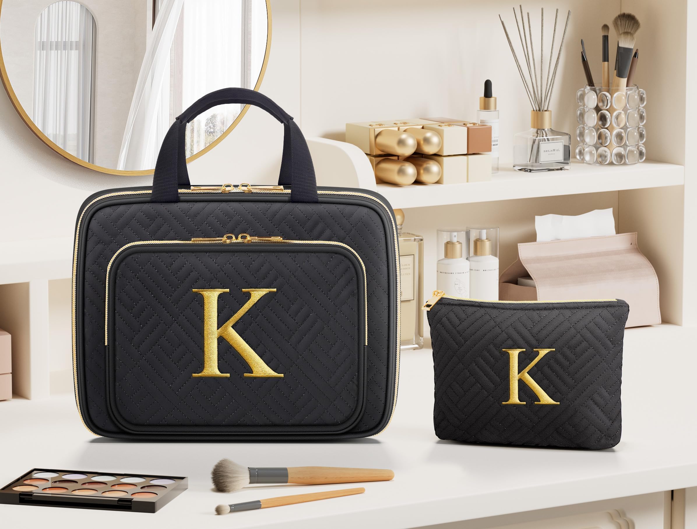 Personalized Initial Hanging Toiletry Bag & Makeup Bag Set - 2 PCS Embroidered Letter Travel Organizer Cosmetic Bags for Women | Perfect Birthday, Easter Gift for Mom, Wife, Sister, Friend, Teacher | Great for Travel, Vacation, Gym & Daily Use