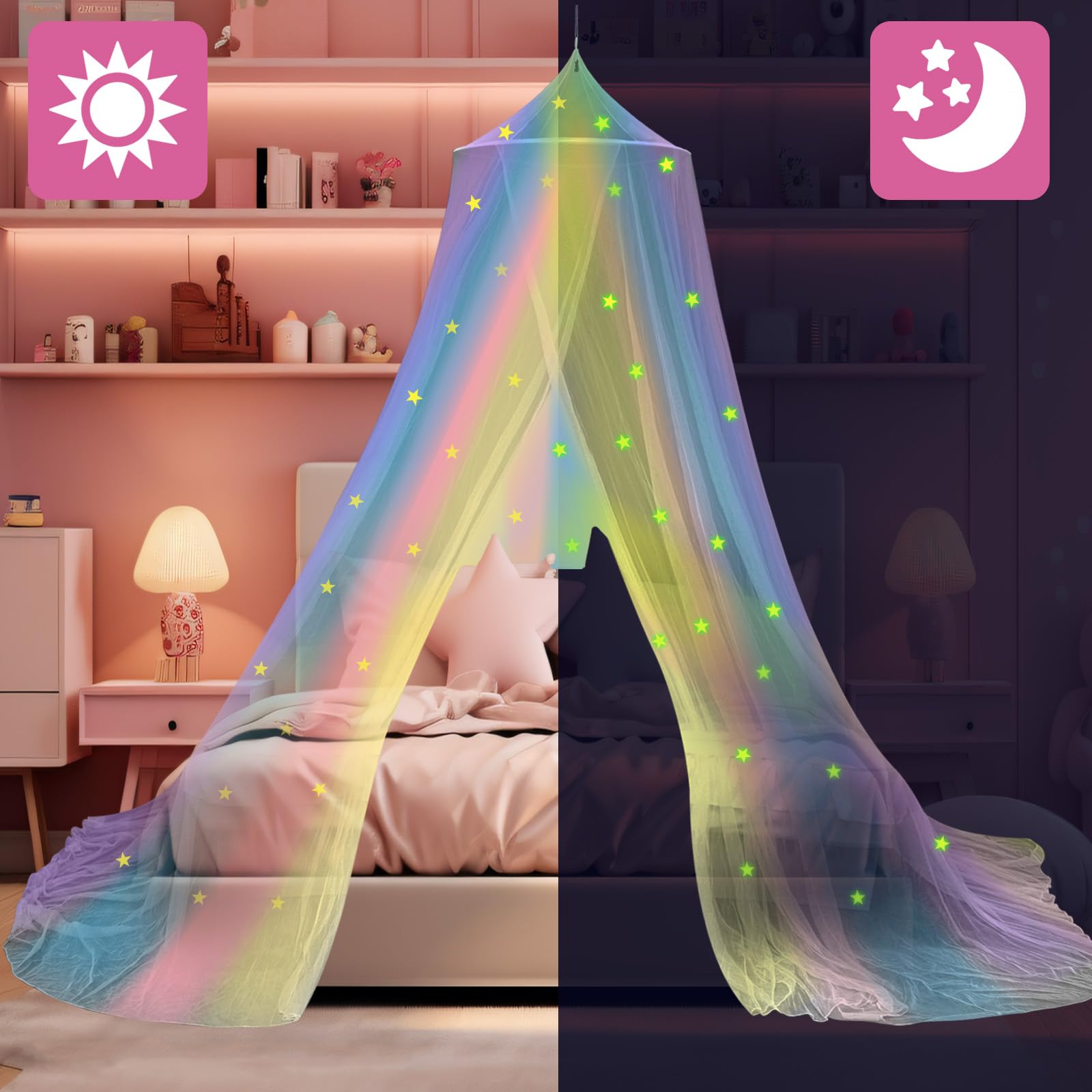 Rainbow Princess Bed Canopy for Girls with Glowing Stars - Twin/Full/Queen Size Dreamy Bed Tent, Ceiling Curtains & Magical Room Decor for Kids Bedroom, Birthday Gifts & Sleepover Parties