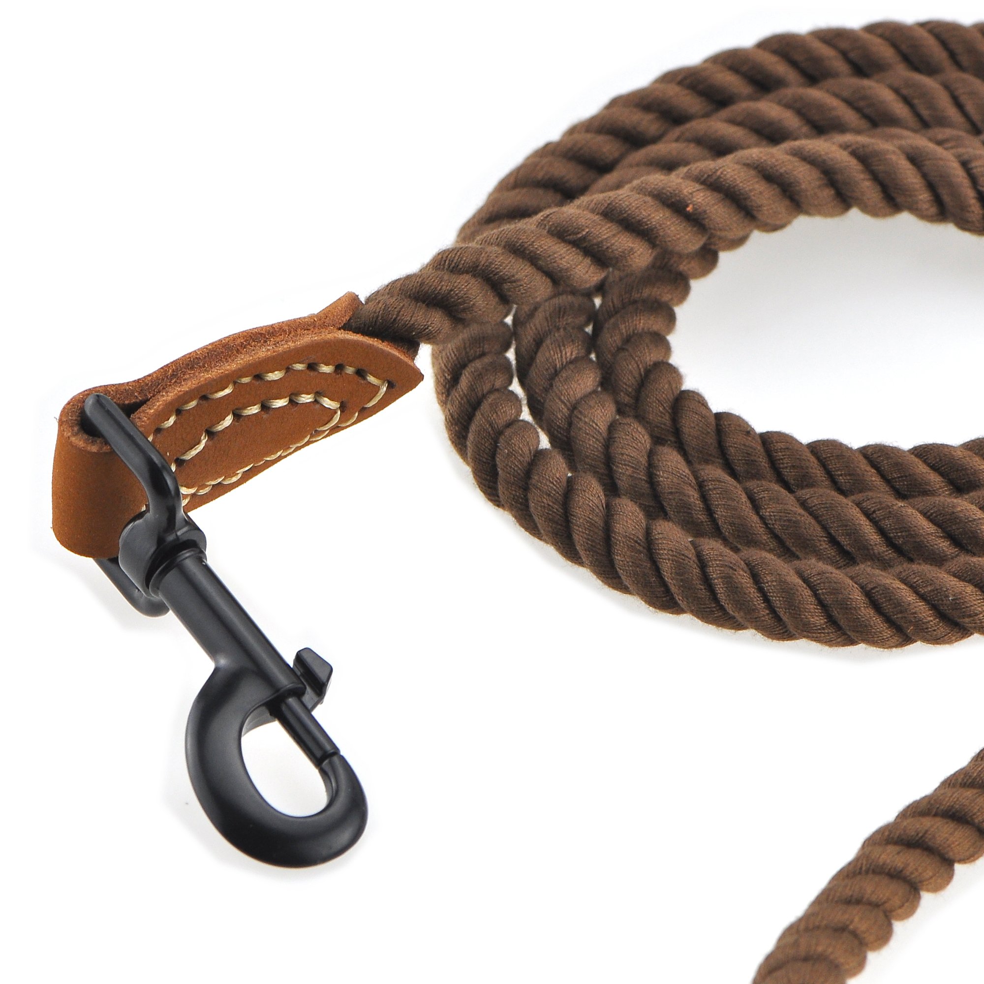 Premium Braided Cotton Dog Leash with Leather Tip - Heavy Duty 5ft Rope Leash with Metal Clasp for Medium & Large Dogs - Perfect for Weddings, Hiking & Daily Walks (Dark Brown, 60 Inches)