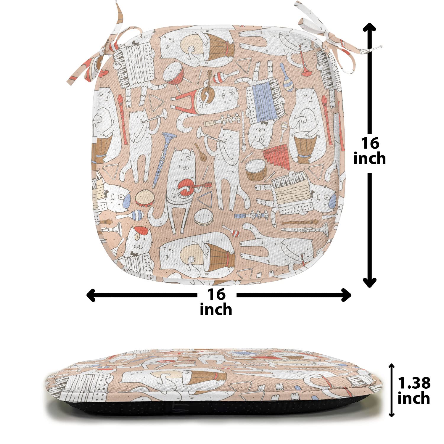 Ambesonne 12-Piece Music Chair Cushion Set - Musician Cats with Drum, Accordion, Tube & Guitar Design - Non-Slip Seat Pads for Kitchen, Dining, Patio & Office - 16x16 Inches - Warm Taupe & White - Perfect for Music Lovers' Home Decor & Gift Ideas